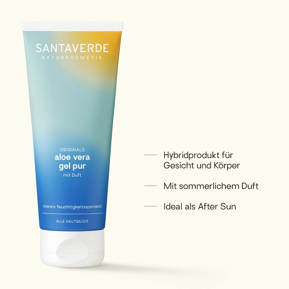 Tube SANTAVERDE Naturkosmetik ORIGINALS aloe vera gel pur mit Duft. Text: Hybridprodukt, sommerlicher Duft, After Sun.
