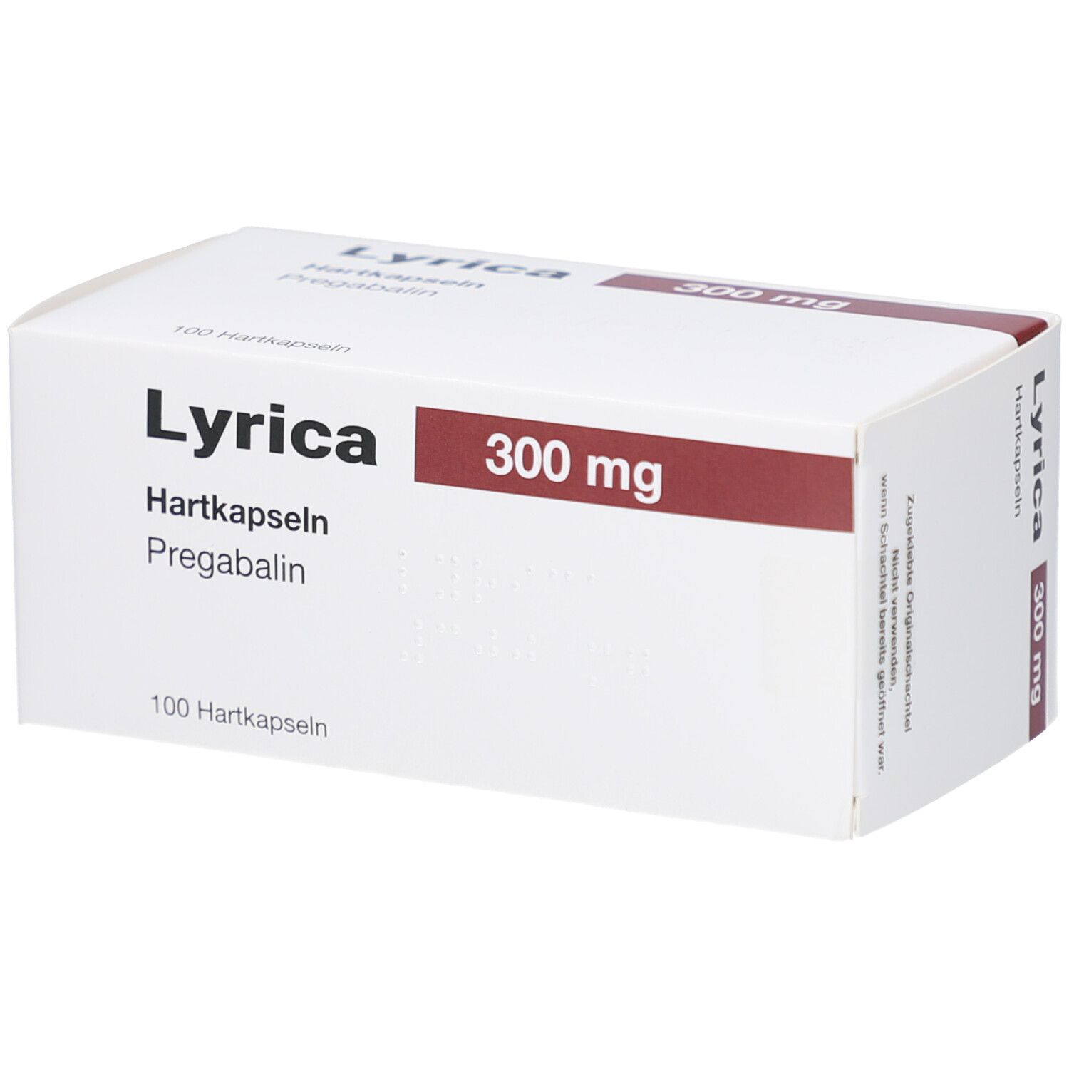 Weiße LYRICA-Verpackung mit rotem Akzent. Aufschrift: 300 mg, Hartkapseln, Pregabalin. 100 Hartkapseln.