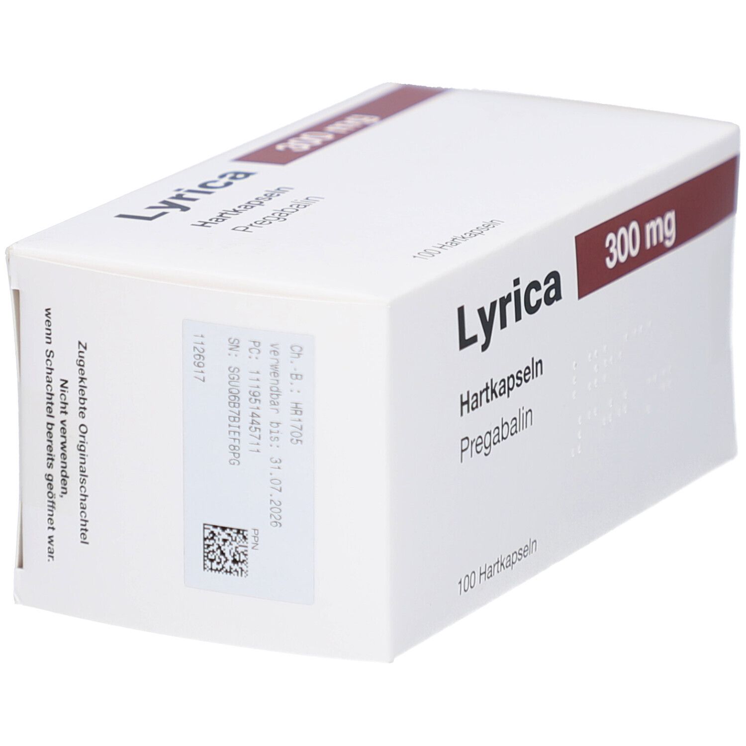 LYRICA-Verpackung, weiß mit rotem Akzent. Aufschrift: 300 mg, Hartkapseln, Pregabalin. Etikett mit Barcode.