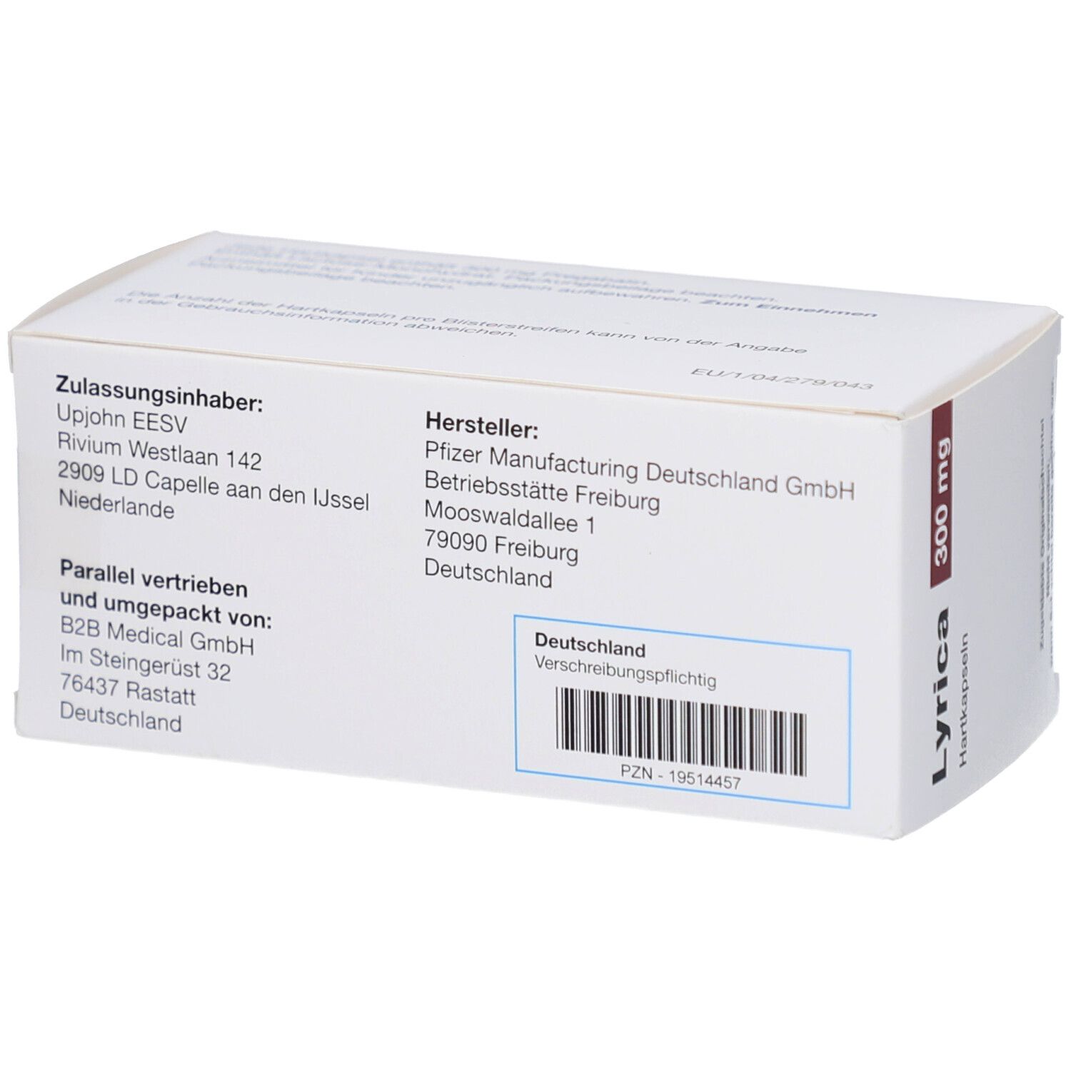 Rückseite der LYRICA-Verpackung. Hersteller- und Vertriebsinformationen. Barcode und Text: Verschreibungspflichtig.