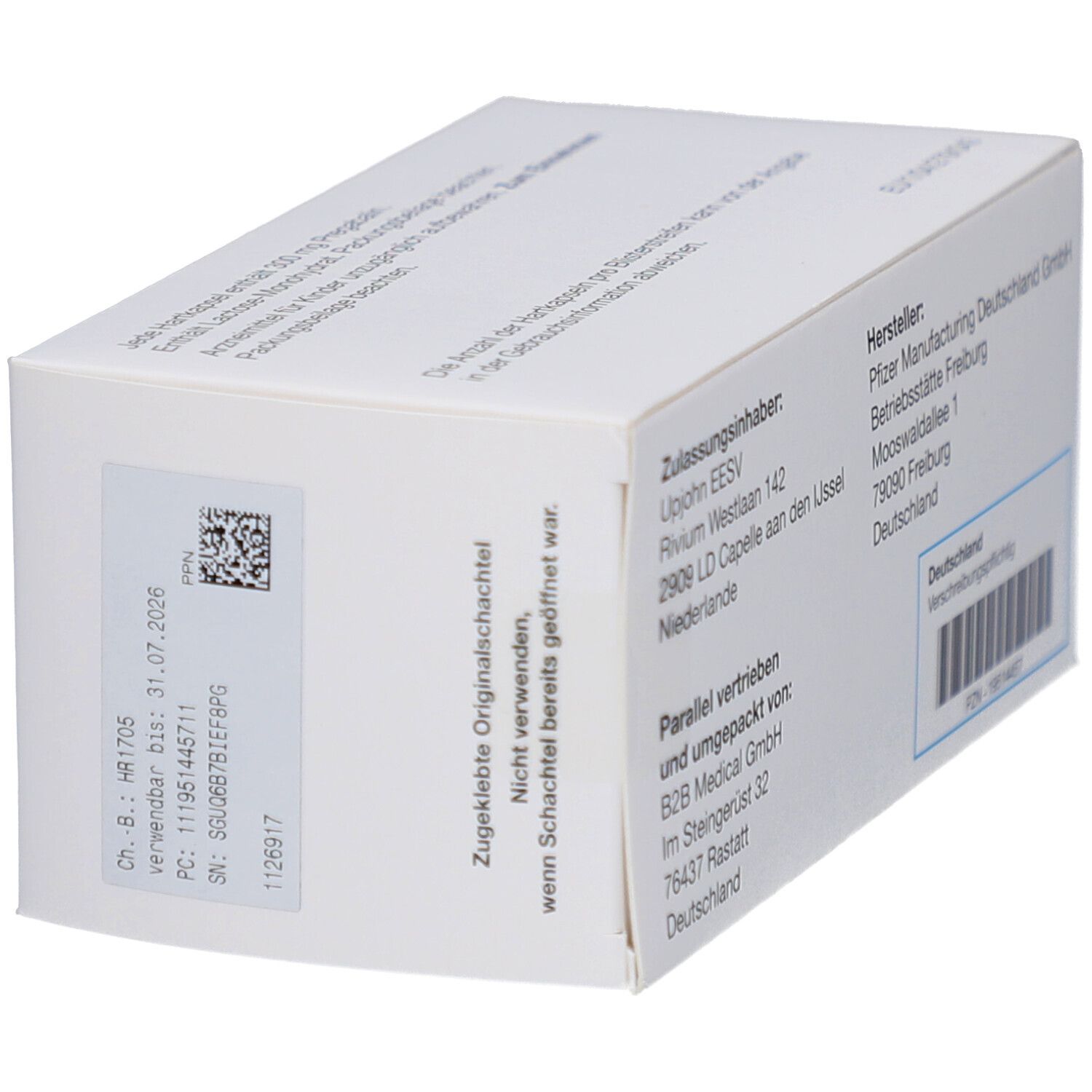 LYRICA-Verpackung, schräg. Rückseite mit Hersteller- und Vertriebsinformationen. Barcode und Text: Verschreibungspflichtig.