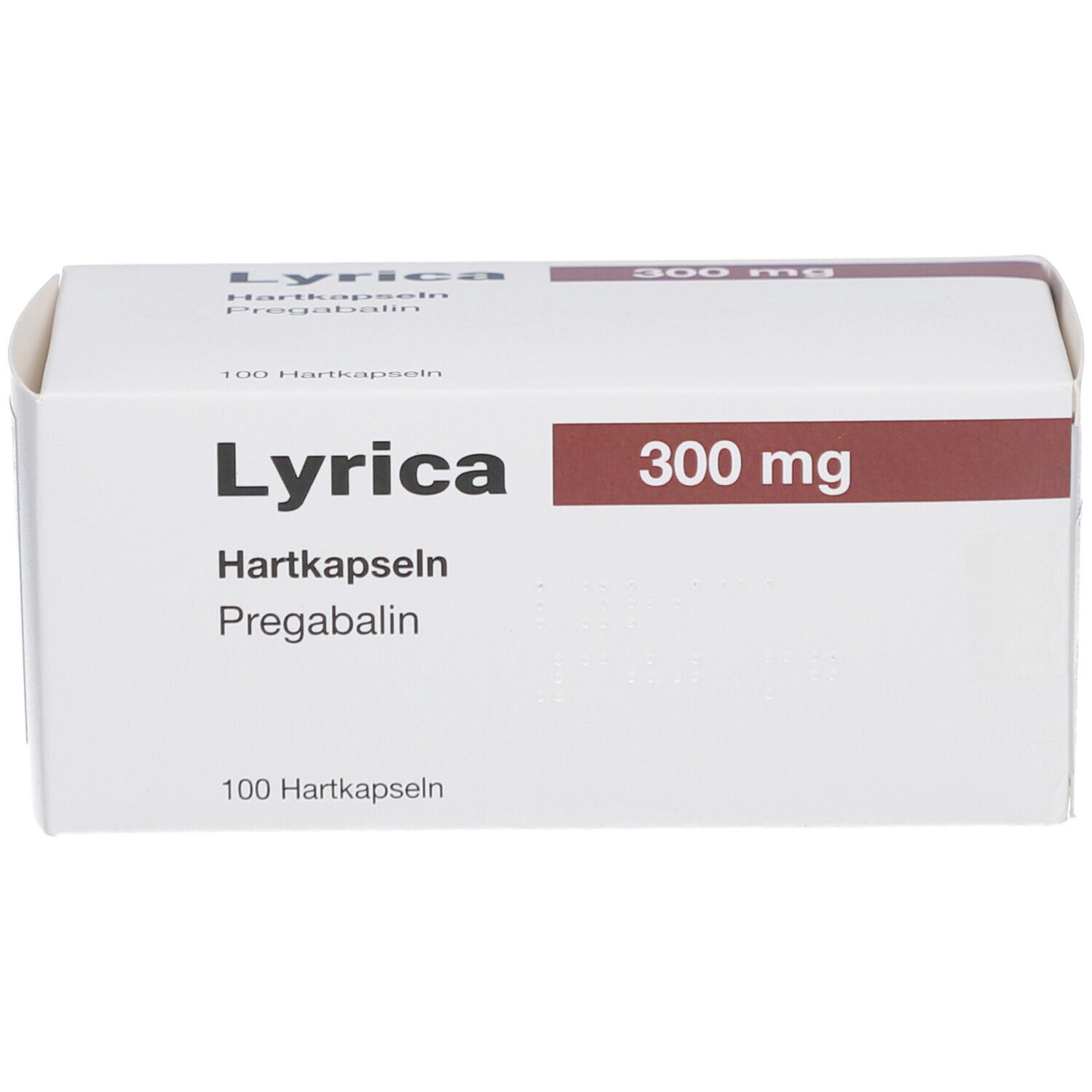 LYRICA-Verpackung, weiß mit rotem Akzent. Aufschrift: 300 mg, Hartkapseln, Pregabalin. 100 Hartkapseln.