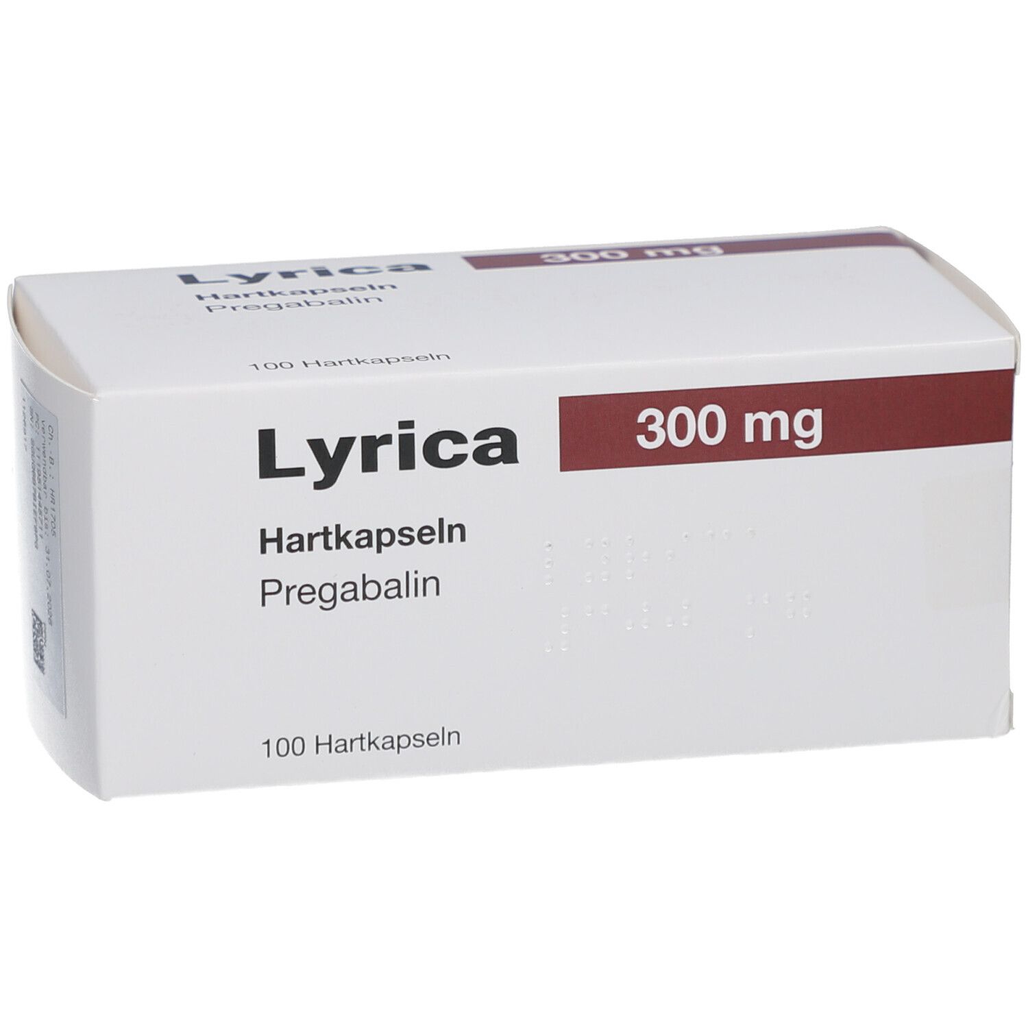LYRICA-Verpackung, weiß mit rotem Akzent. Aufschrift: 300 mg, Hartkapseln, Pregabalin. 100 Hartkapseln.