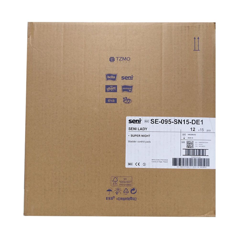 Kartonverpackung mit Seni Lady Super Night Inkontinenzeinlagen. Etikett mit Produktinformationen und Barcode.