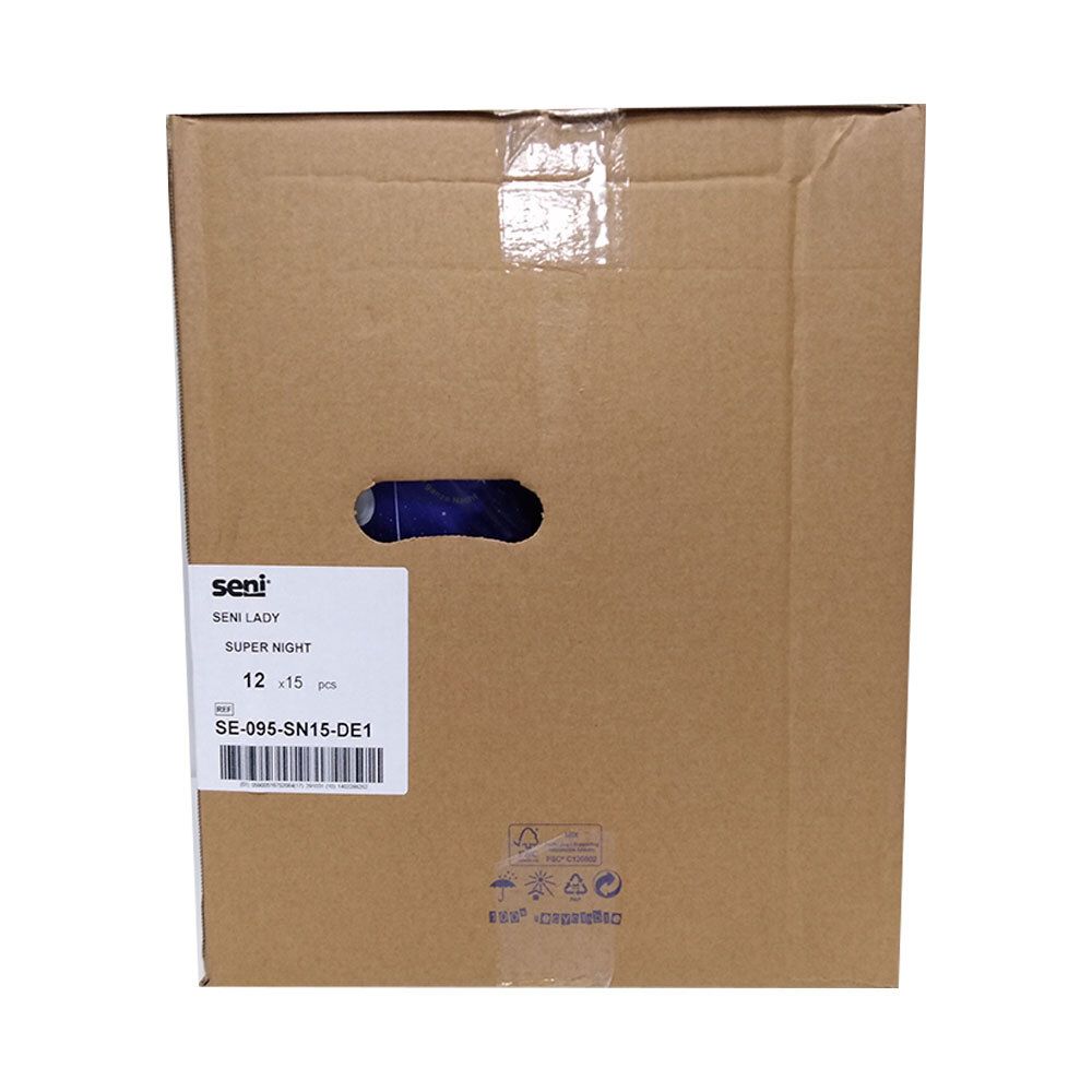 Kartonverpackung mit Seni Lady Super Night Inkontinenzeinlagen. Sichtbare Öffnung mit Produkt.