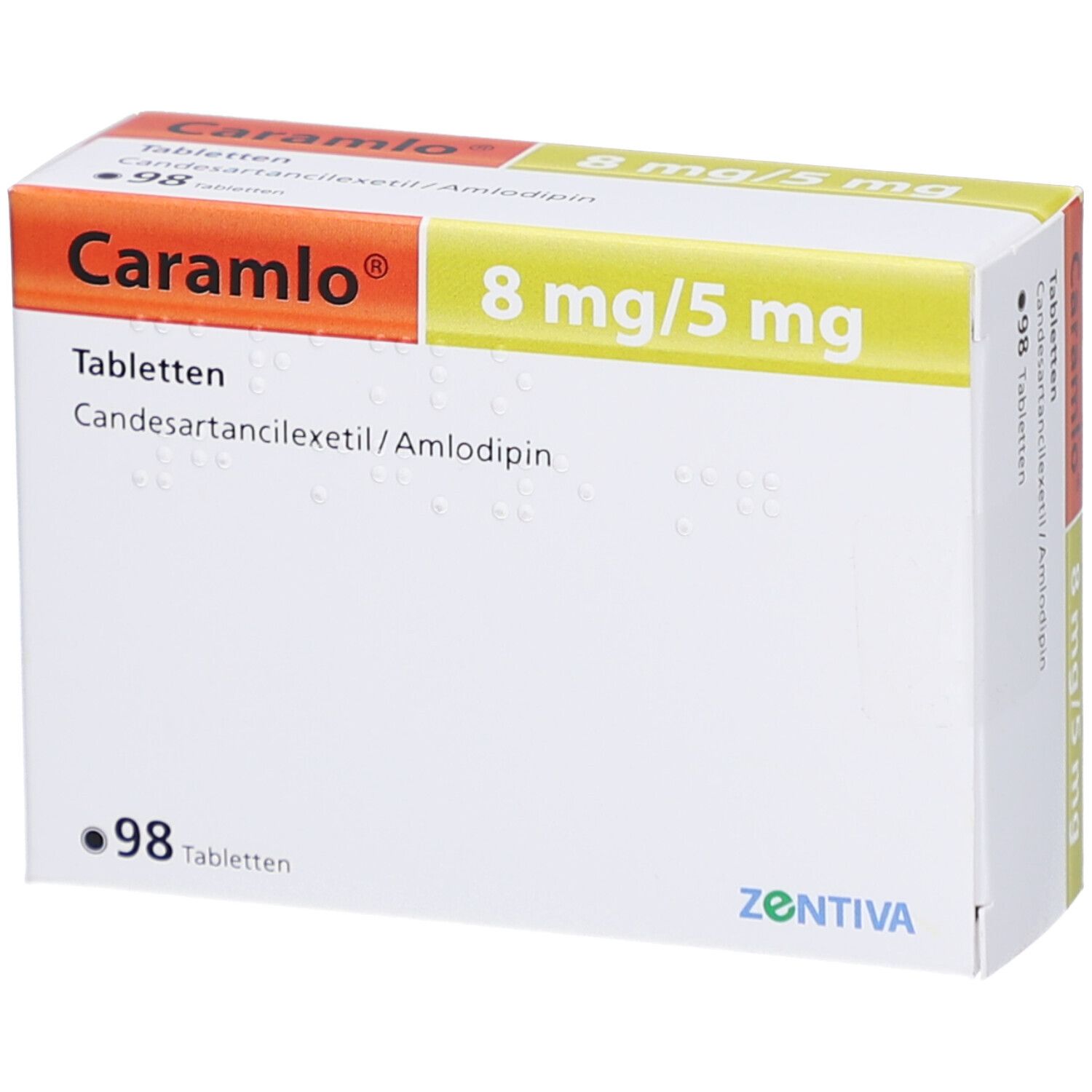 Weiße Tablettenbox mit Aufschrift Caramlo 8 mg/5 mg. Enthält 98 Tabletten. Hersteller: Zentiva.