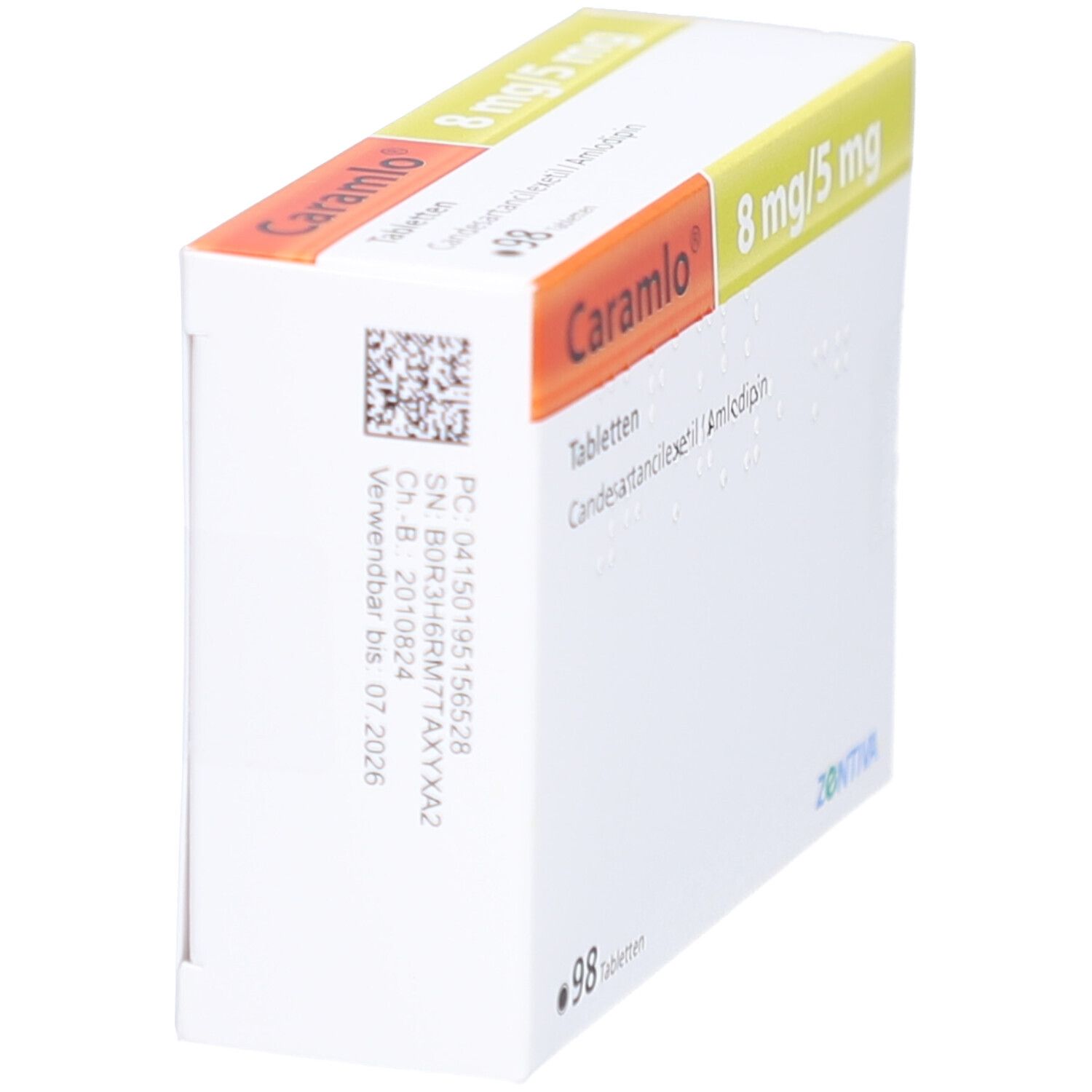 Tablettenbox Caramlo 8 mg/5 mg. Enthält 98 Tabletten. Aufdruck mit Chargennummer und Verfallsdatum.