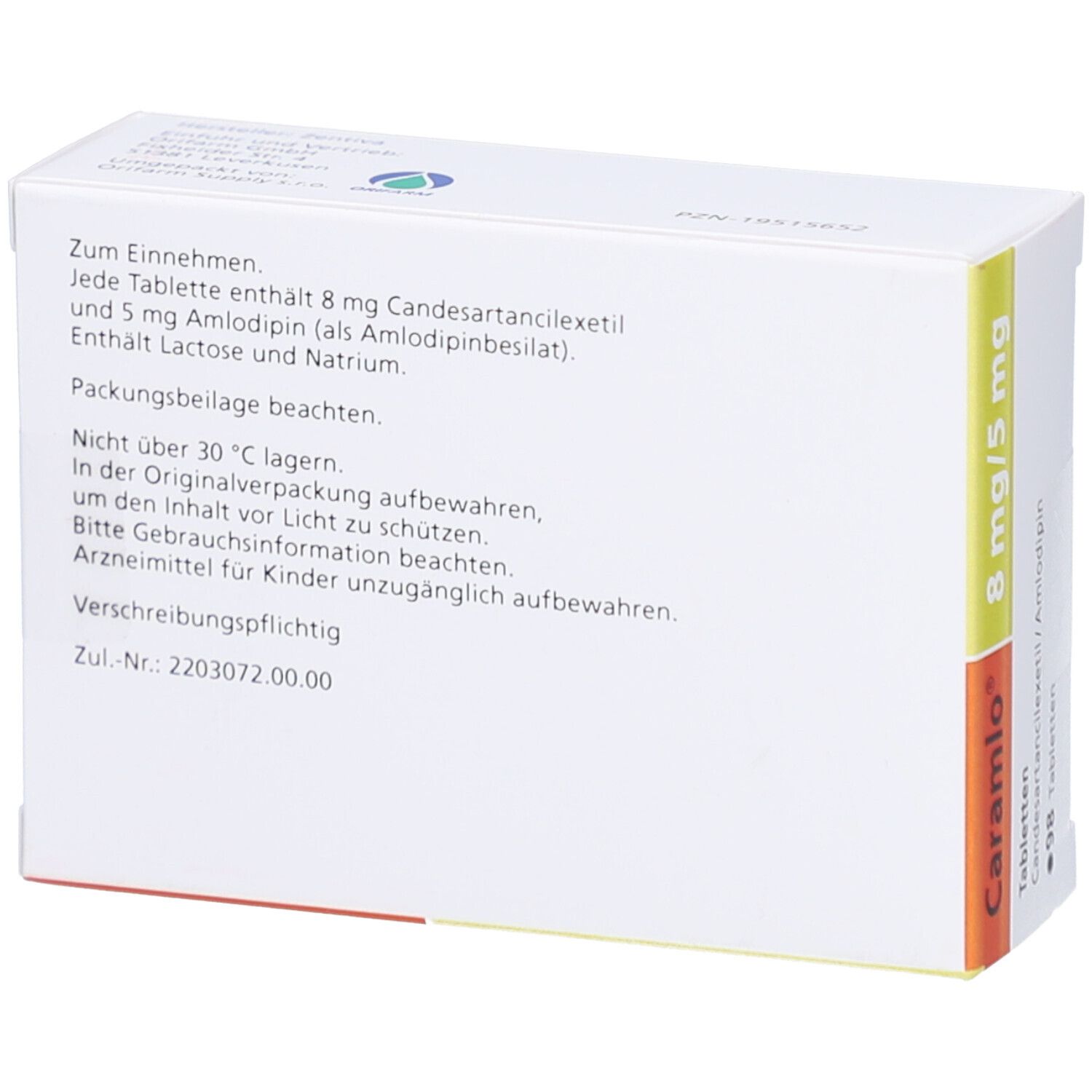 Rückseite der Tablettenbox Caramlo 8 mg/5 mg. Textinformationen zur Einnahme und Lagerung.