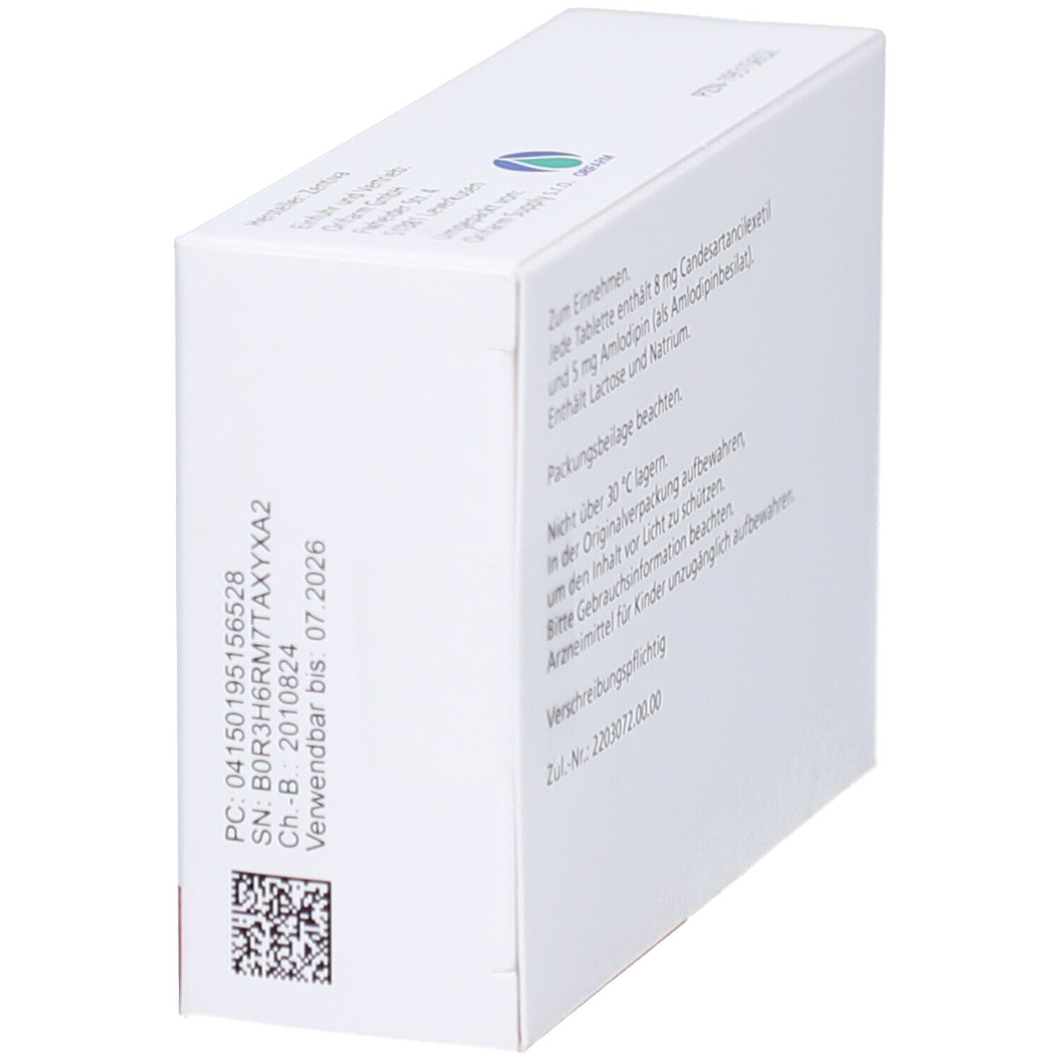 Rückseite der Tablettenbox Caramlo 8 mg/5 mg. Textinformationen zur Einnahme und Lagerung.