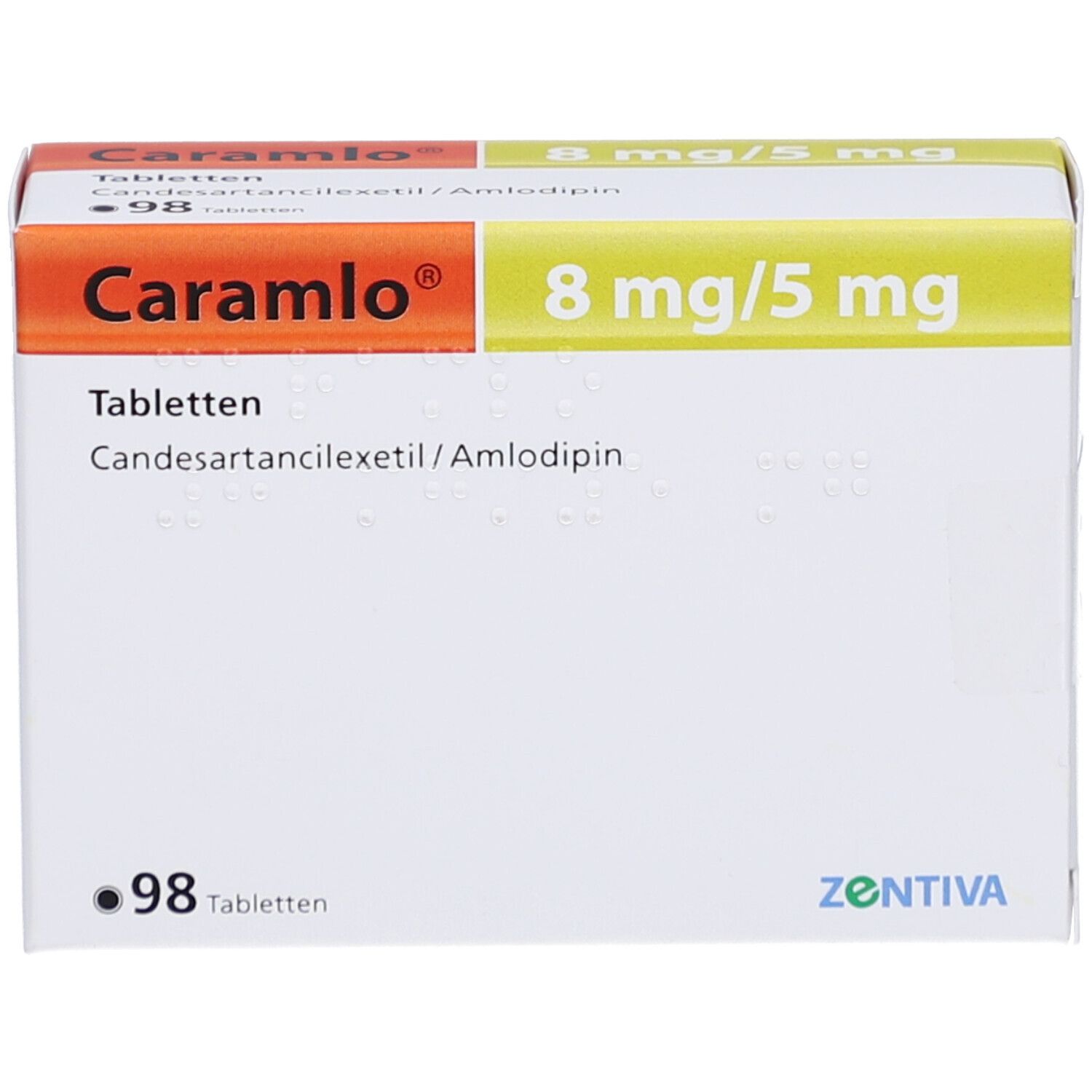 Weiße Tablettenbox mit Aufschrift Caramlo 8 mg/5 mg. Enthält 98 Tabletten. Hersteller: Zentiva.