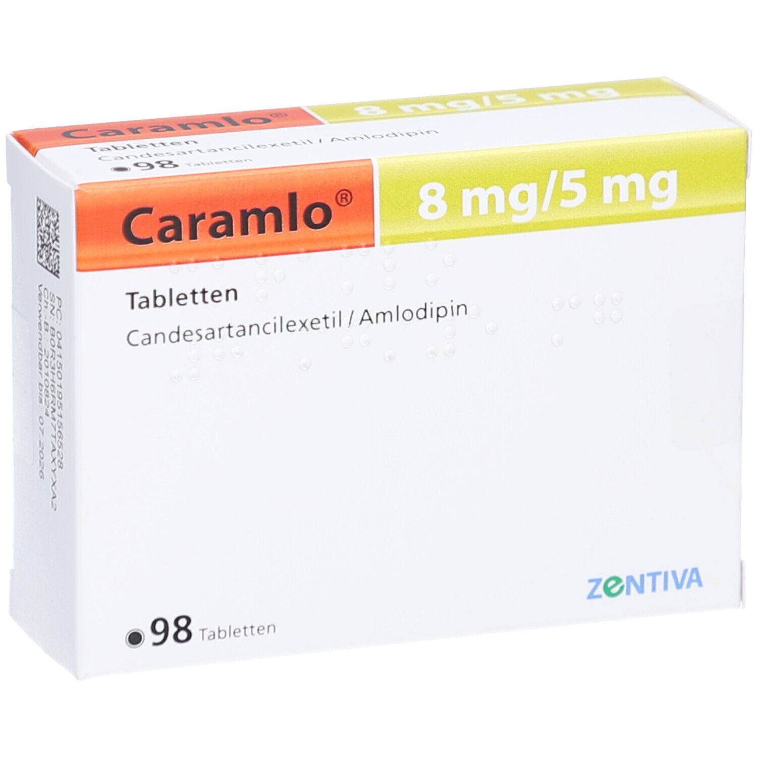 Weiße Tablettenbox mit Aufschrift Caramlo 8 mg/5 mg. Enthält 98 Tabletten. Hersteller: Zentiva.