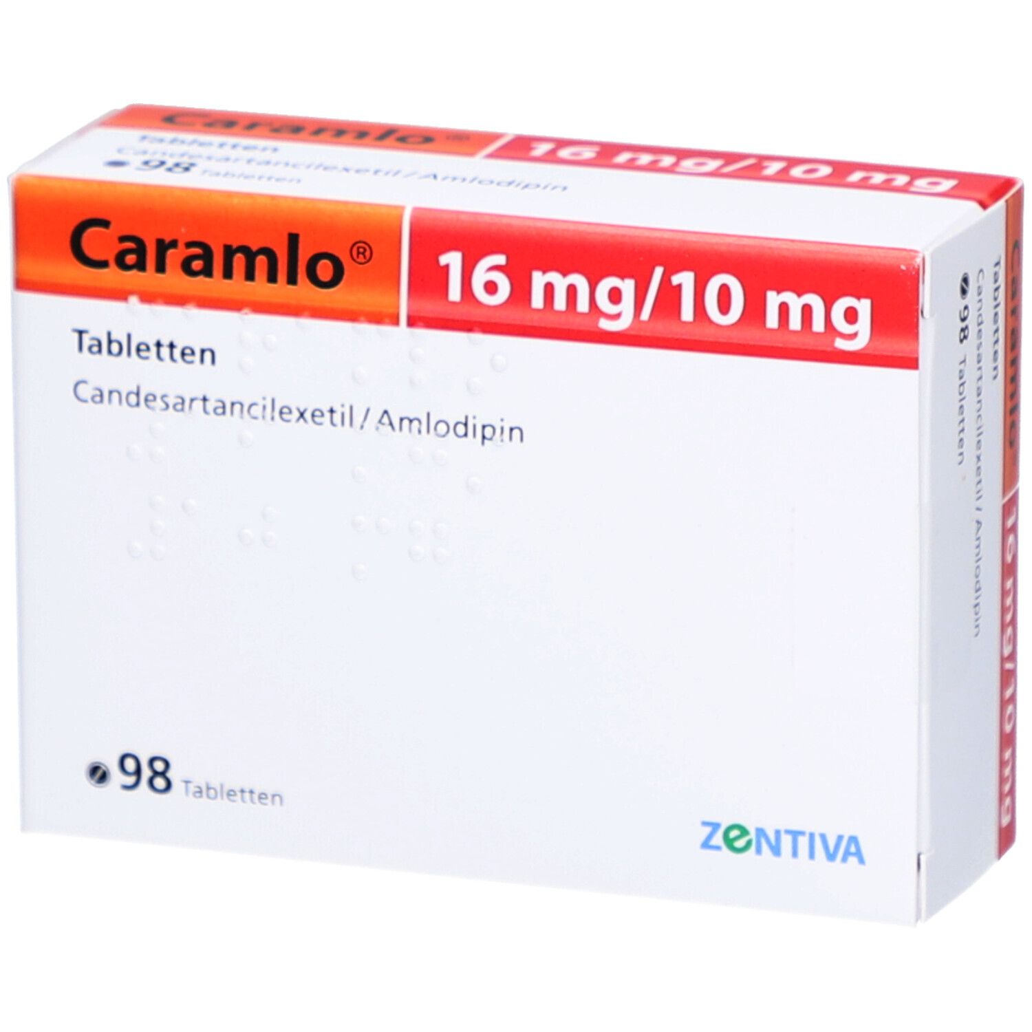 Weißer Karton mit roter und orangefarbener Beschriftung. Aufschrift: Caramlo 16 mg/10 mg Tabletten. Enthält 98 Tabletten.