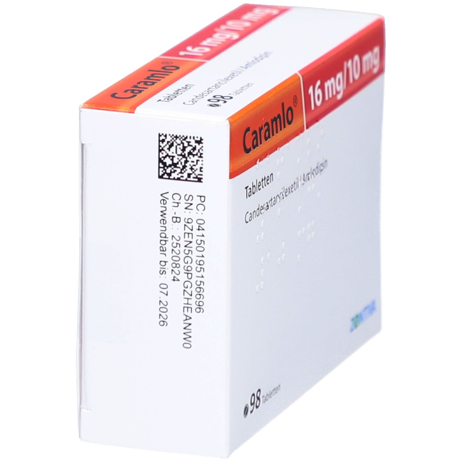 Schräg gestellte weiße Medikamentenbox mit roter und orangefarbener Beschriftung. Aufschrift: Caramlo 16 mg/10 mg Tabletten.