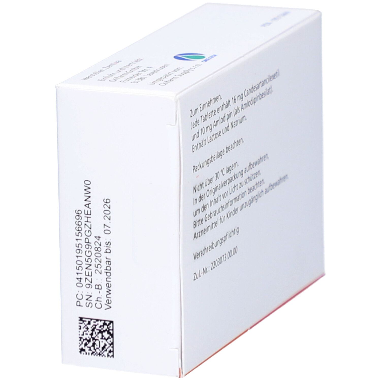 Rückseite einer weißen Medikamentenbox. Textinformationen in deutscher Sprache. Enthält Informationen zu Inhaltsstoffen und Lagerung.