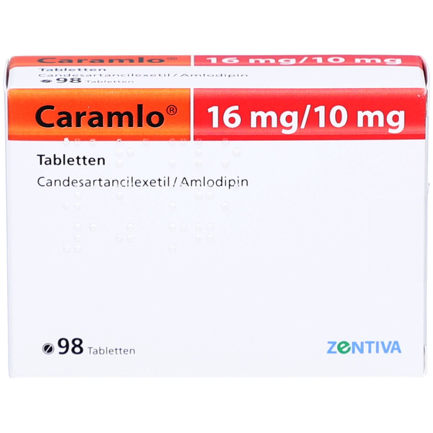 Weiße Medikamentenbox mit roter und orangefarbener Beschriftung. Aufschrift: Caramlo 16 mg/10 mg Tabletten. Enthält 98 Tabletten.