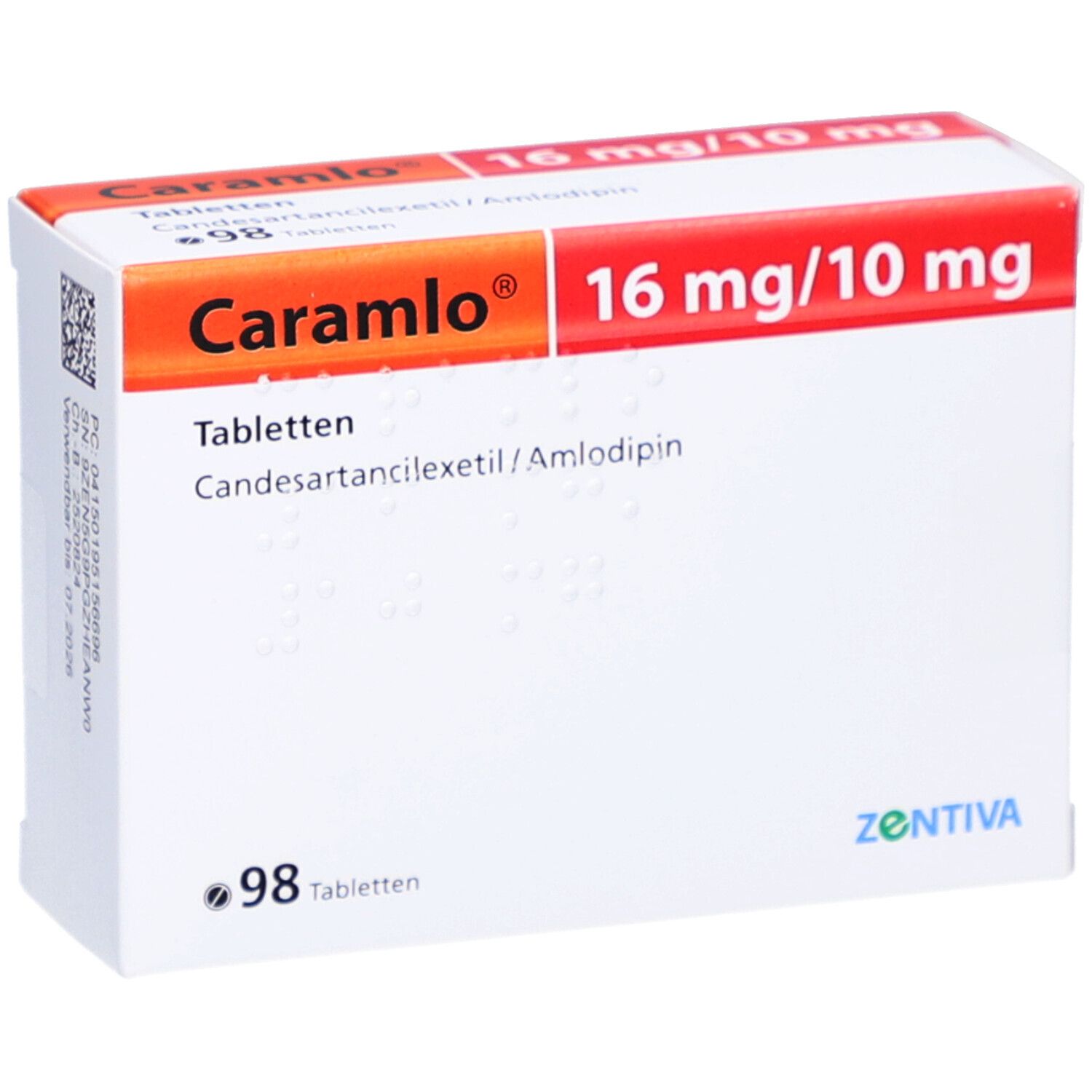Weiße Medikamentenbox mit roter und orangefarbener Beschriftung. Aufschrift: Caramlo 16 mg/10 mg Tabletten. Enthält 98 Tabletten.