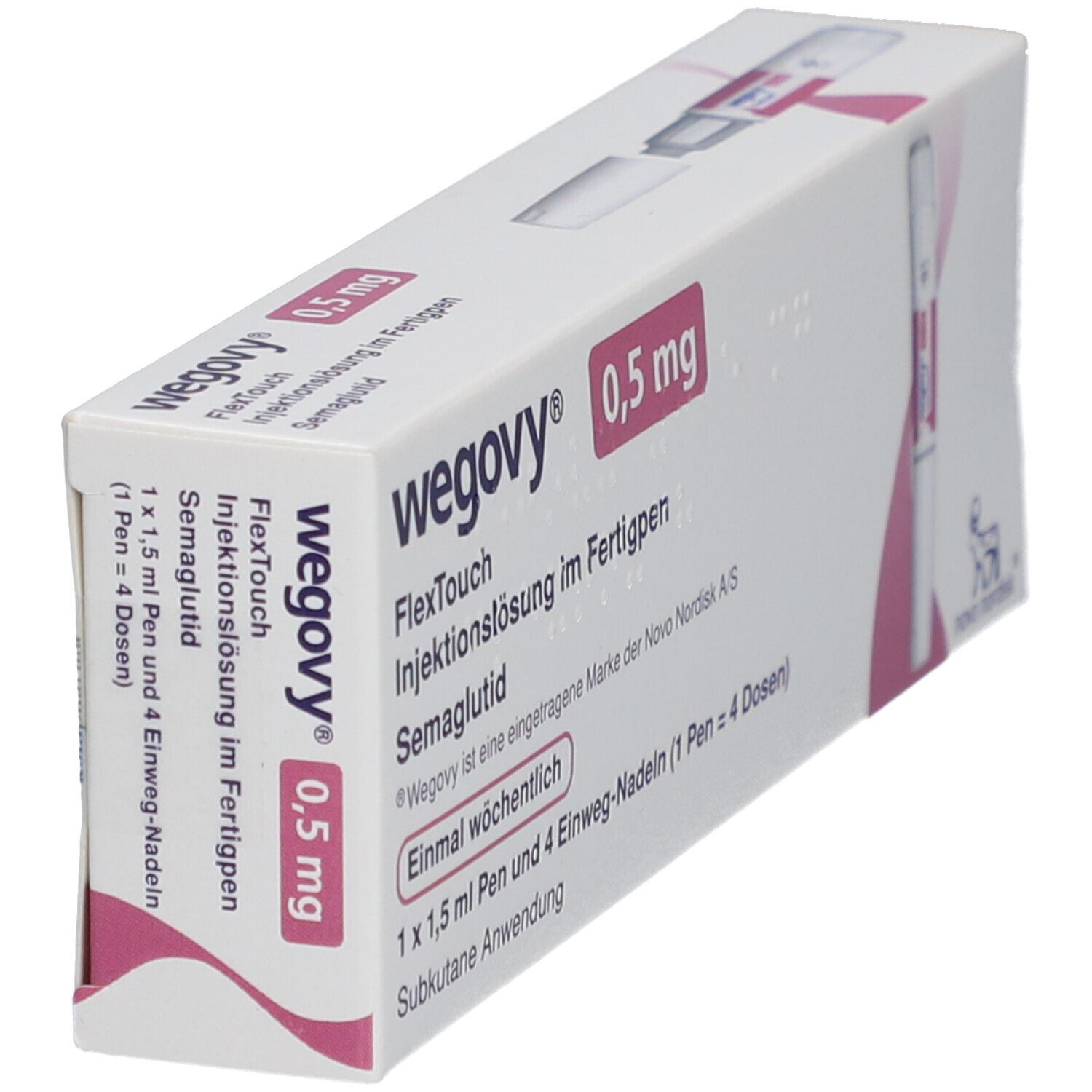 Schrägansicht der WEGOVY 0,5 mg FlexTouch Verpackung. Enthält einen Fertigpen und Nadeln. Aufdrucke: Name, Dosierung, Inhaltsstoffe.