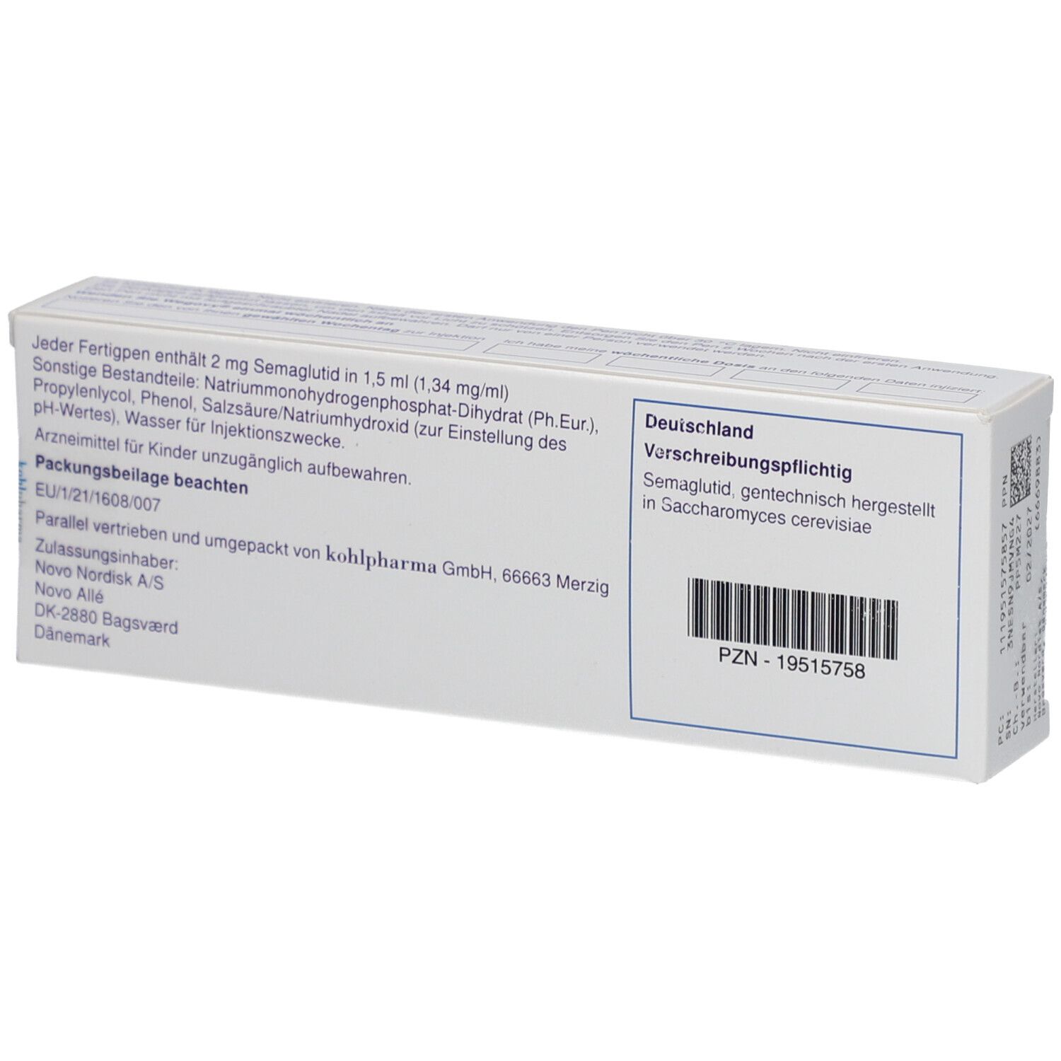 Rückseite der WEGOVY 0,5 mg Verpackung. Enthält Informationen zu Inhaltsstoffen, Hersteller und Chargennummer. Text in Deutsch.