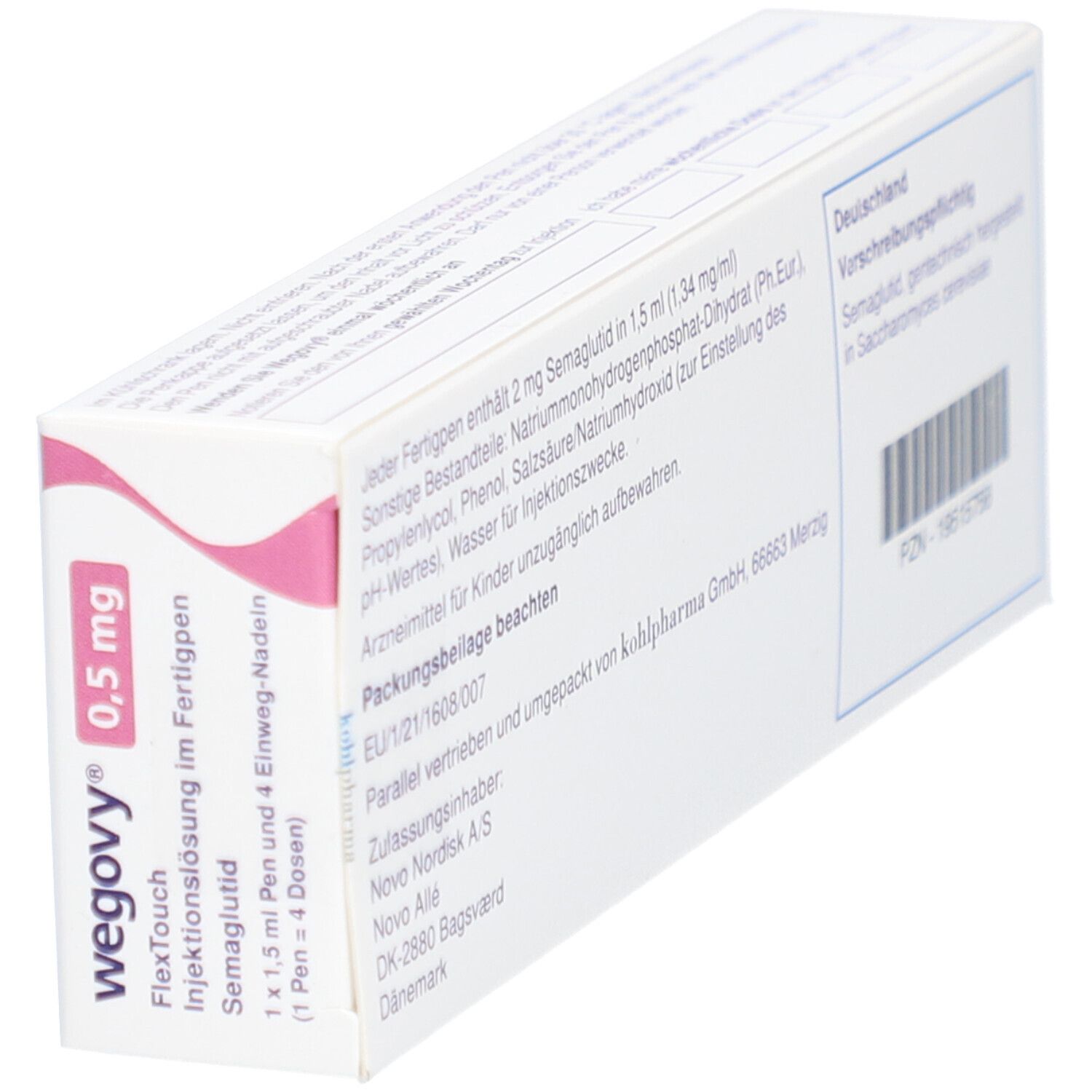 Schrägansicht der Rückseite der WEGOVY 0,5 mg Verpackung. Informationen zu Inhaltsstoffen, Hersteller und Chargennummer. Text in Deutsch.