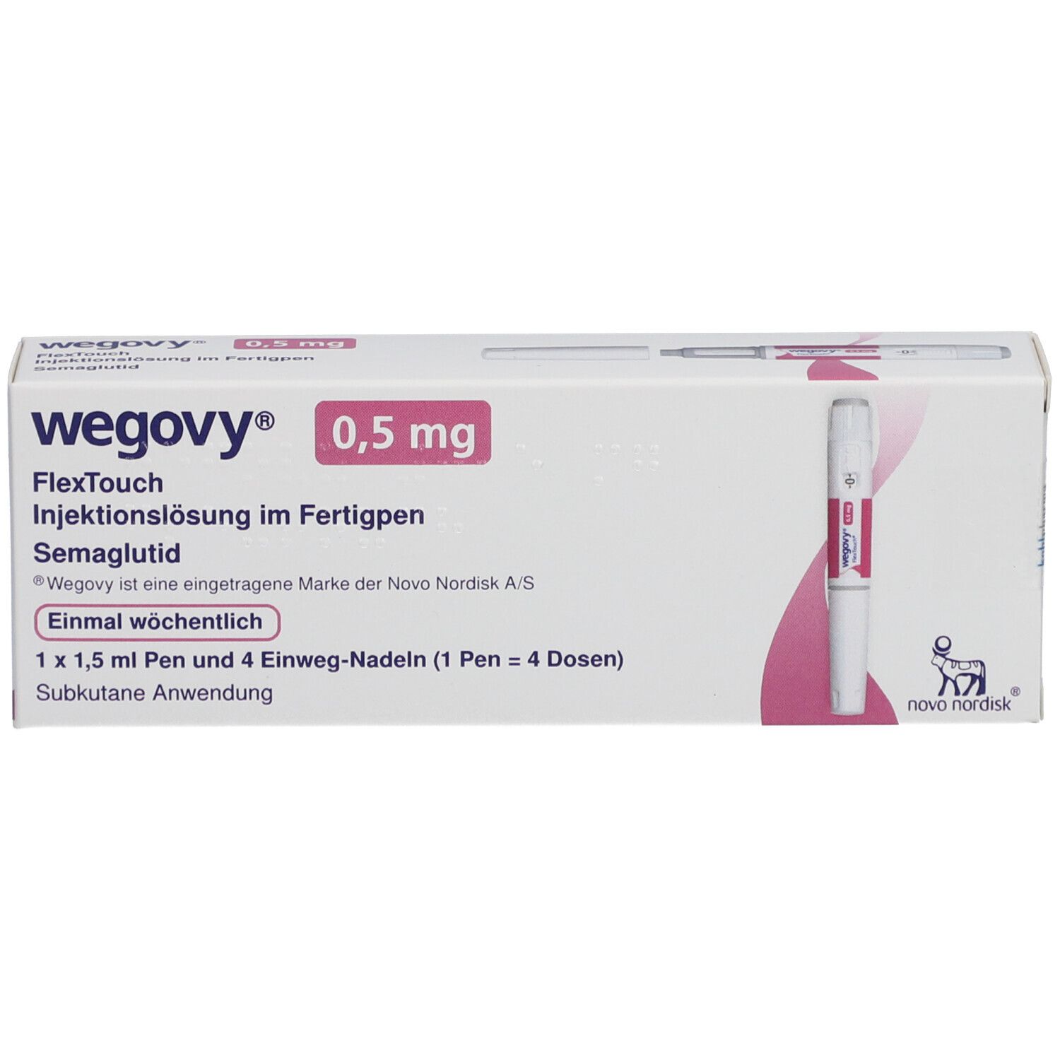 WEGOVY 0,5 mg FlexTouch Verpackung. Enthält einen Fertigpen und 4 Einweg-Nadeln. Aufdrucke: Name, Dosierung, Inhaltsstoffe.