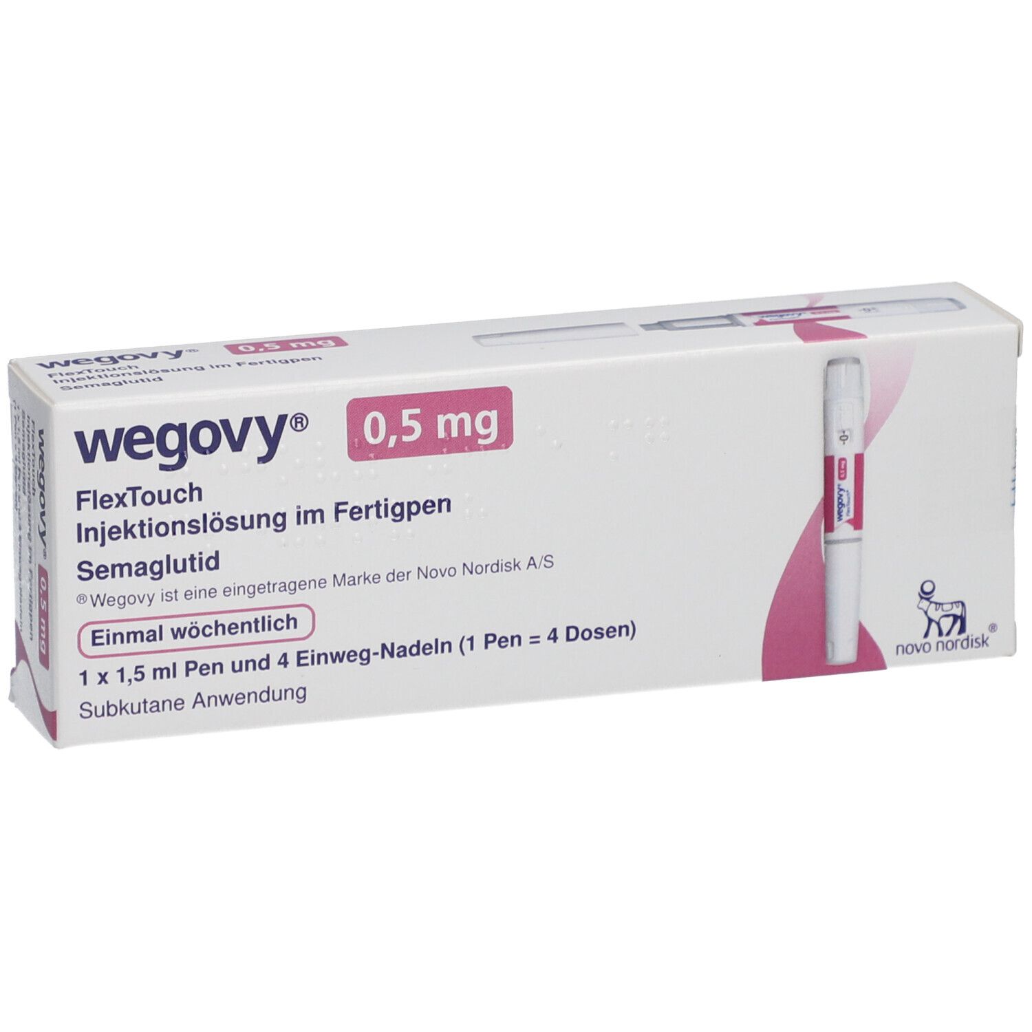 WEGOVY 0,5 mg FlexTouch Verpackung. Enthält einen Fertigpen und 4 Einweg-Nadeln. Aufdrucke: Name, Dosierung, Inhaltsstoffe.