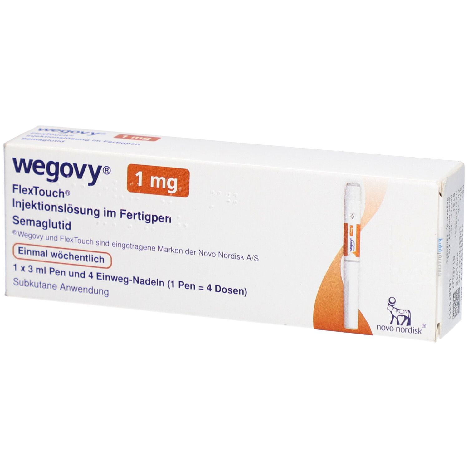 Schachtel mit Produkt WEGOVY 1 mg FlexTouch. Aufdrucke: Name, Dosierung, Injektionslösung, Semaglutid, Pen-Abbildung.