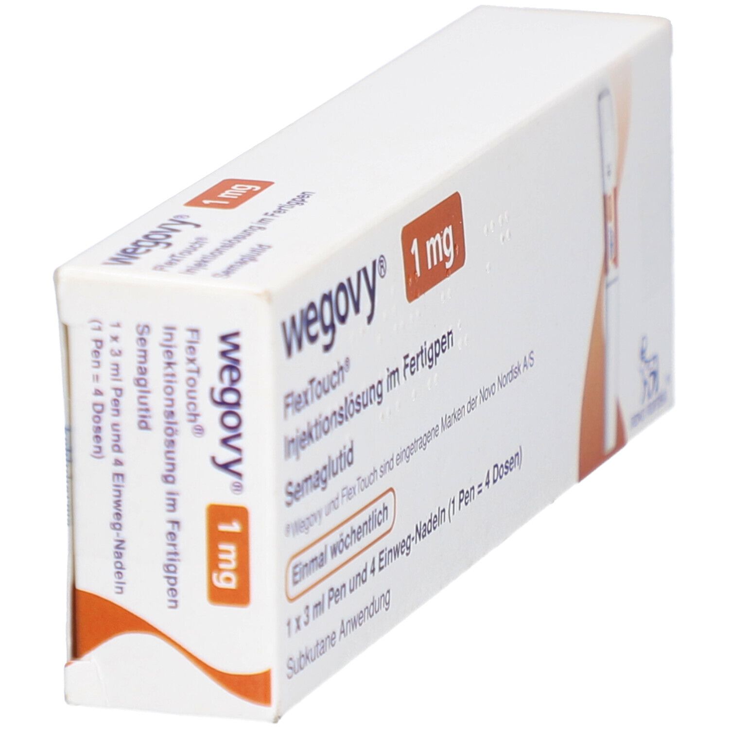 Schachtel WEGOVY 1 mg FlexTouch. Aufdrucke: Name, Dosierung, Injektionslösung, Semaglutid. Pen-Abbildung.