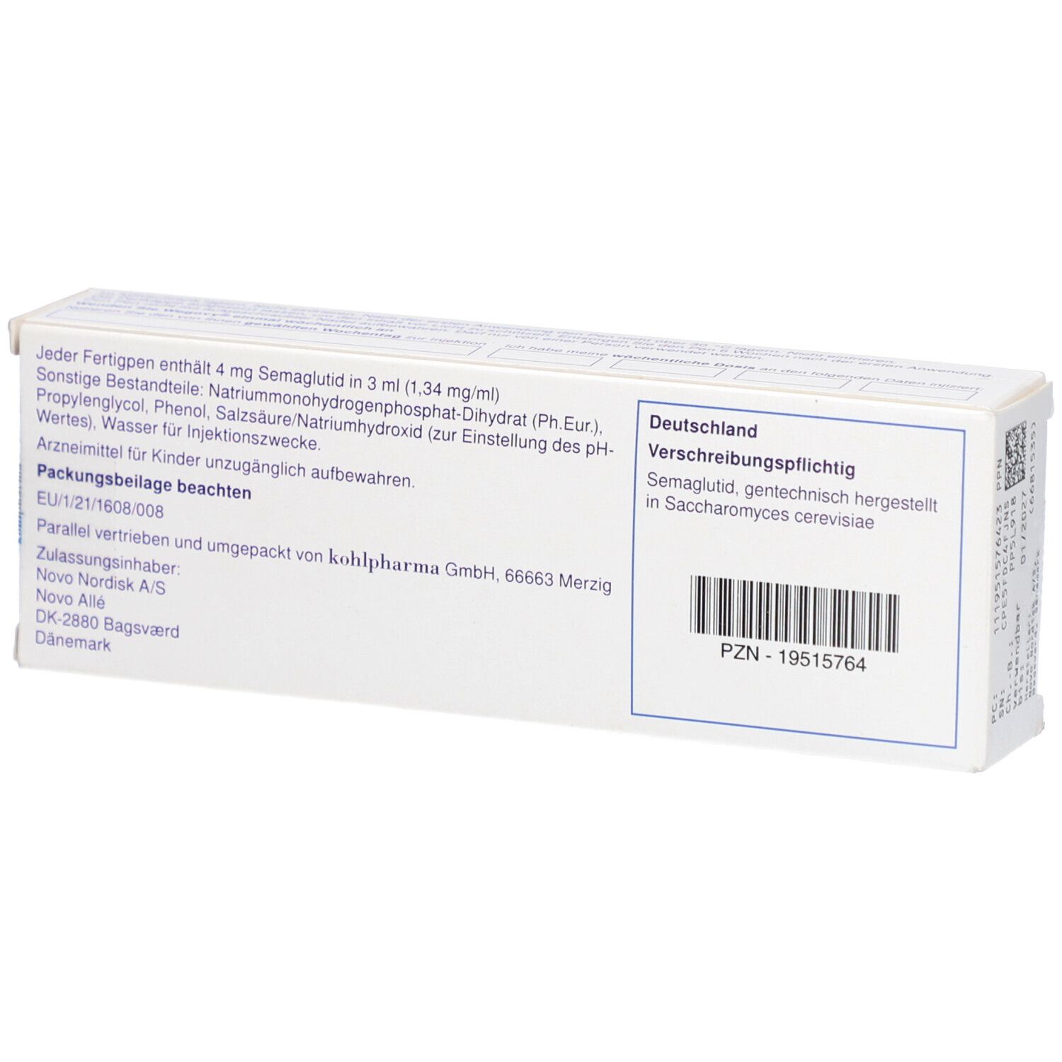 Rückseite der WEGOVY-Schachtel. Text: Inhaltsstoffe, Herstellerinformationen, PZN-Nummer.