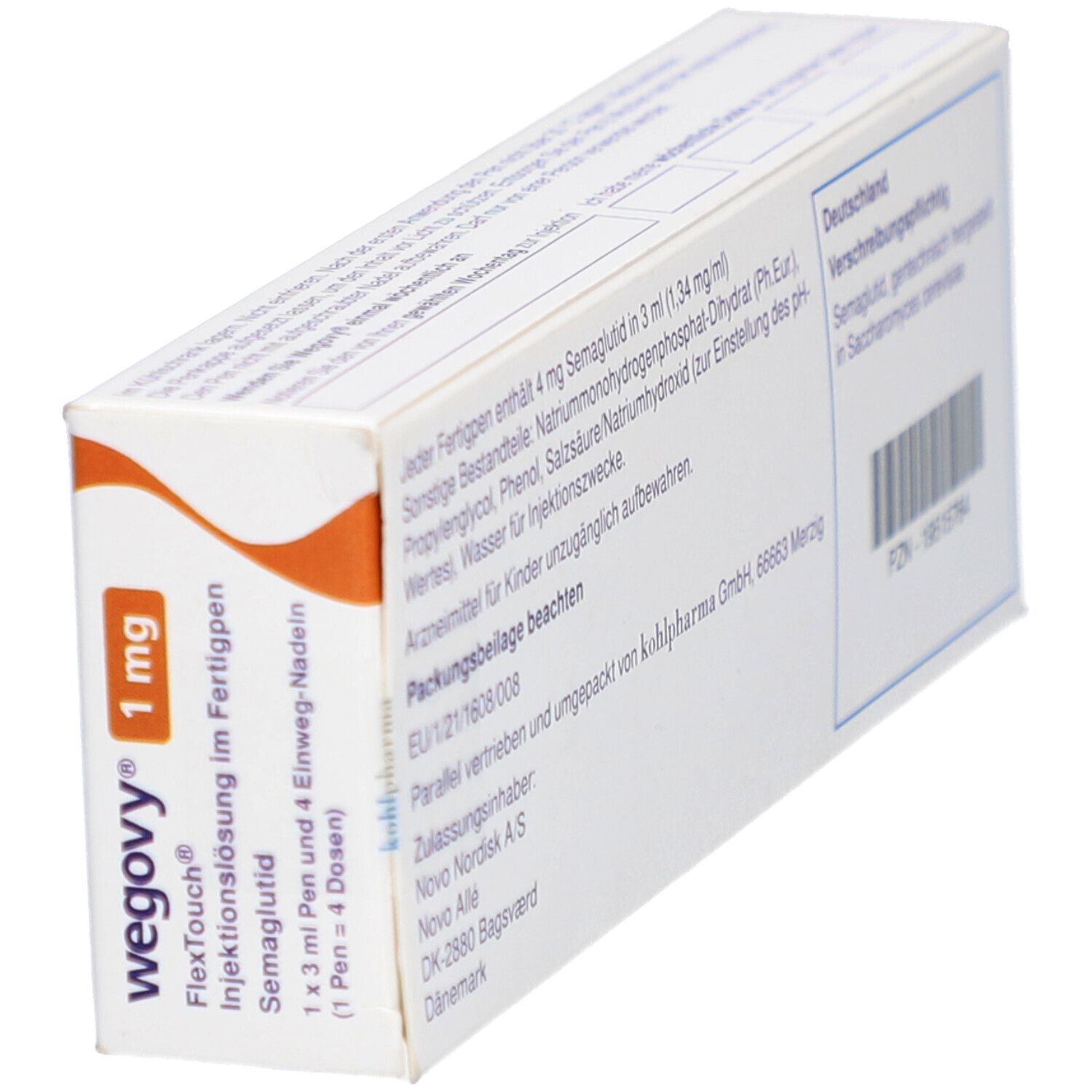 Schachtel WEGOVY 1 mg FlexTouch. Aufdrucke: Name, Dosierung, Injektionslösung, Semaglutid. Rückseite mit Text.