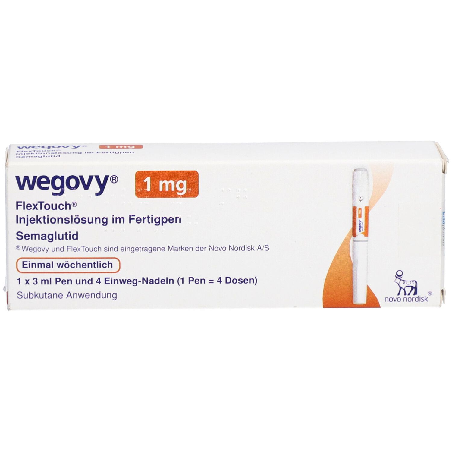 Schachtel WEGOVY 1 mg FlexTouch. Aufdrucke: Name, Dosierung, Injektionslösung, Semaglutid, Pen-Abbildung.
