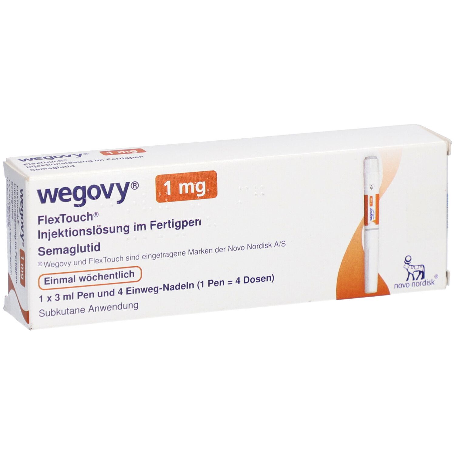 Schachtel WEGOVY 1 mg FlexTouch. Aufdrucke: Name, Dosierung, Injektionslösung, Semaglutid, Pen-Abbildung.