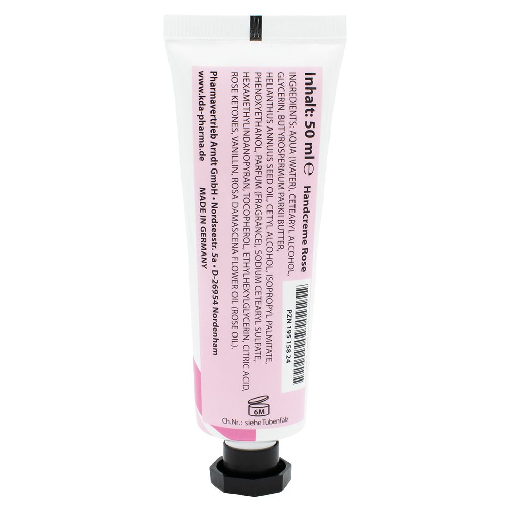 Rückseite der Tube. Enthält Text mit Inhaltsstoffen und Herstellerinformationen. 'Handcreme Rose' und '50 ml' sichtbar.