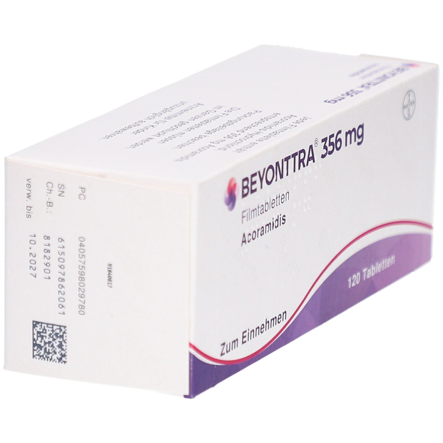 Weißer Karton mit BEYONTTRA 356 mg Filmtabletten. Aufschrift: 120 Tabletten, Acoramidis, Zum Einnehmen. Bayer-Logo.