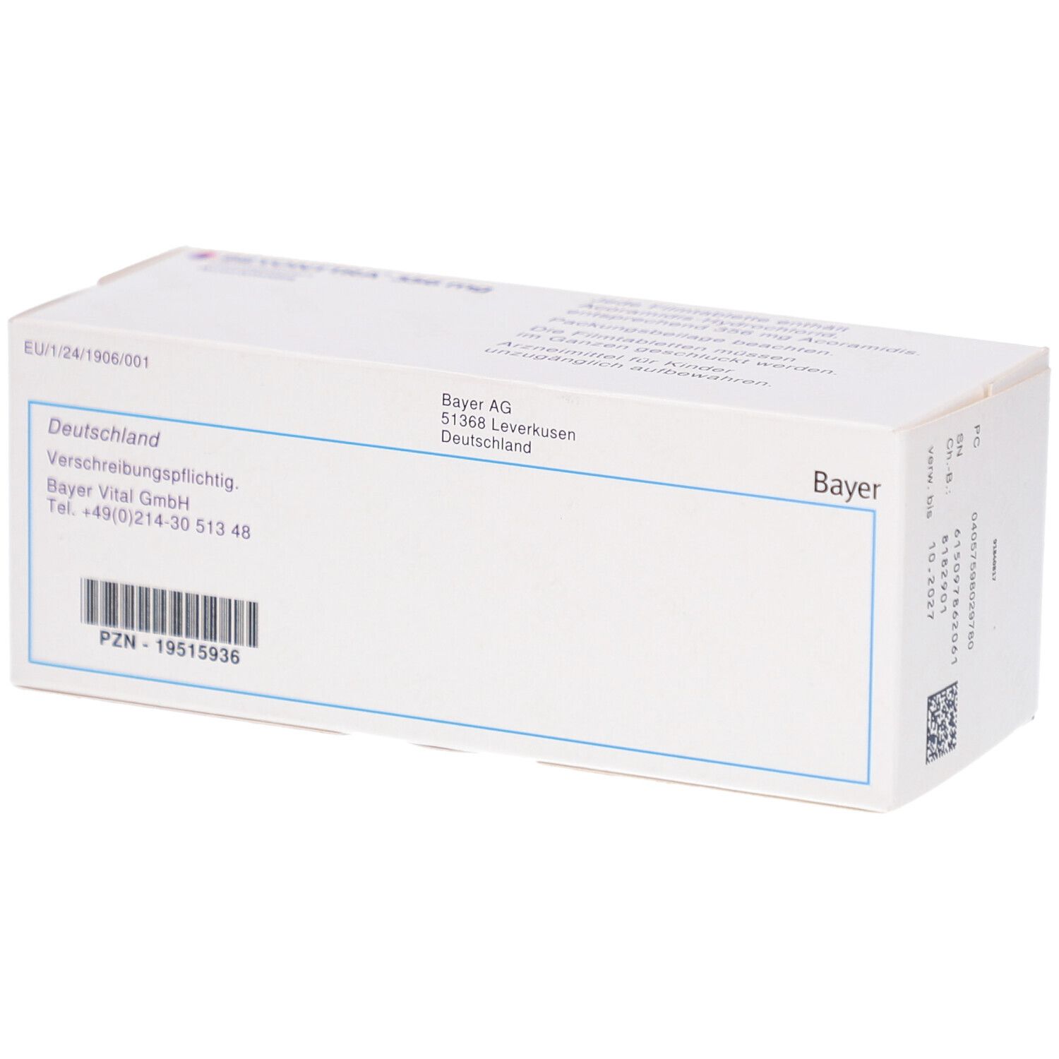 Rückseite einer weißen Medikamentenbox. Aufschrift: Bayer AG, Deutschland, Verschreibungspflichtig. PZN-19515936.