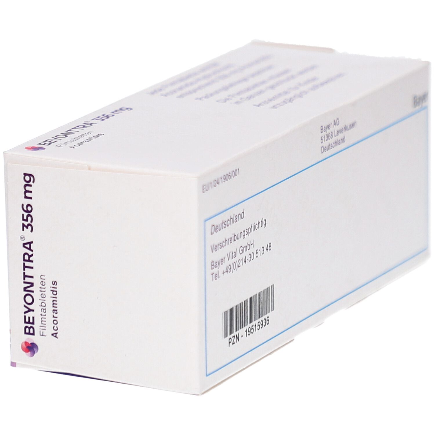 Weiße Medikamentenbox, seitliche Ansicht. Aufschrift: BEYONTTRA 356 mg, Filmtabletten, Acoramidis. Bayer-Logo.