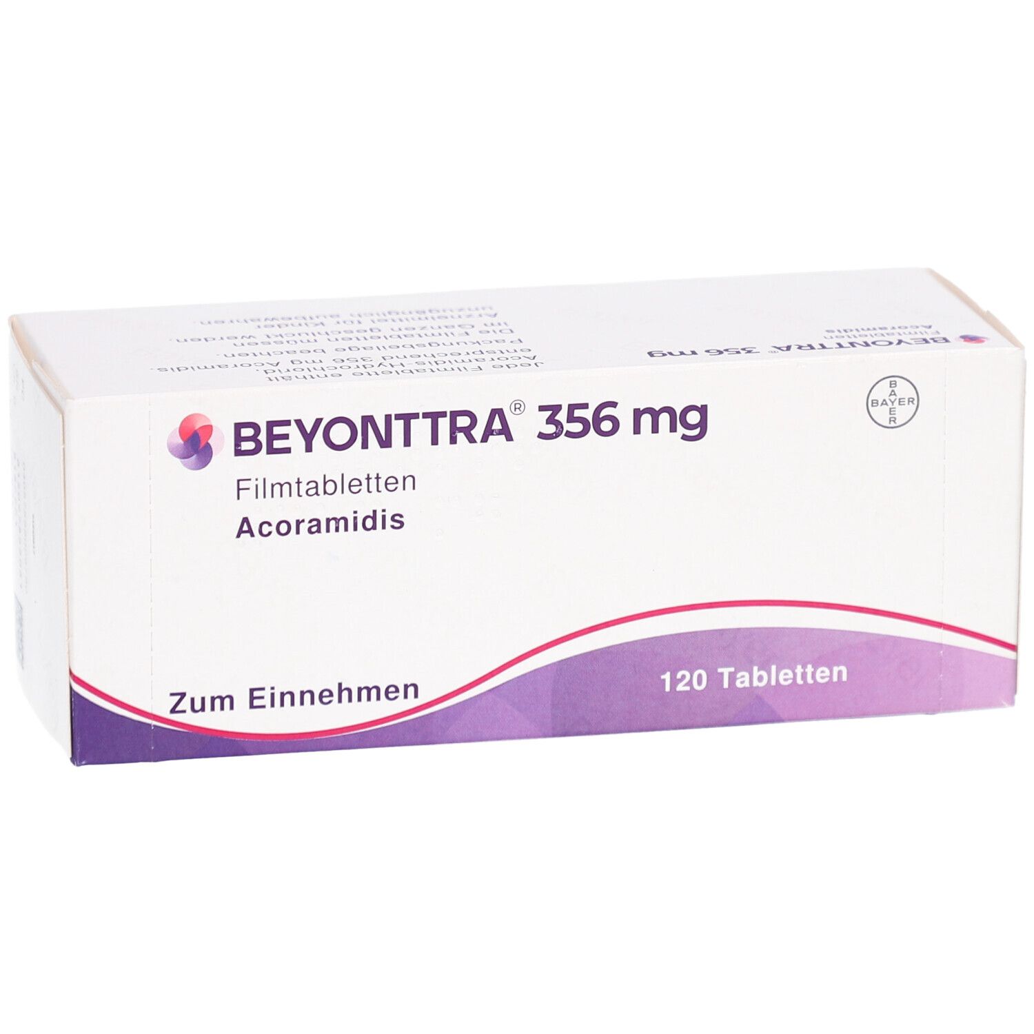 Weiße Medikamentenbox. Aufschrift: BEYONTTRA 356 mg Filmtabletten, Acoramidis, 120 Tabletten, Zum Einnehmen. Bayer-Logo.