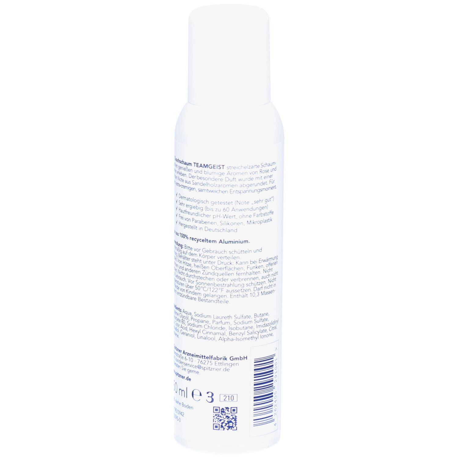 Weiße Sprühflasche mit Text. Aufdruck: Inhaltsstoffe, Anwendungshinweise, Herstellerinformationen. QR-Code und Volumenangabe.