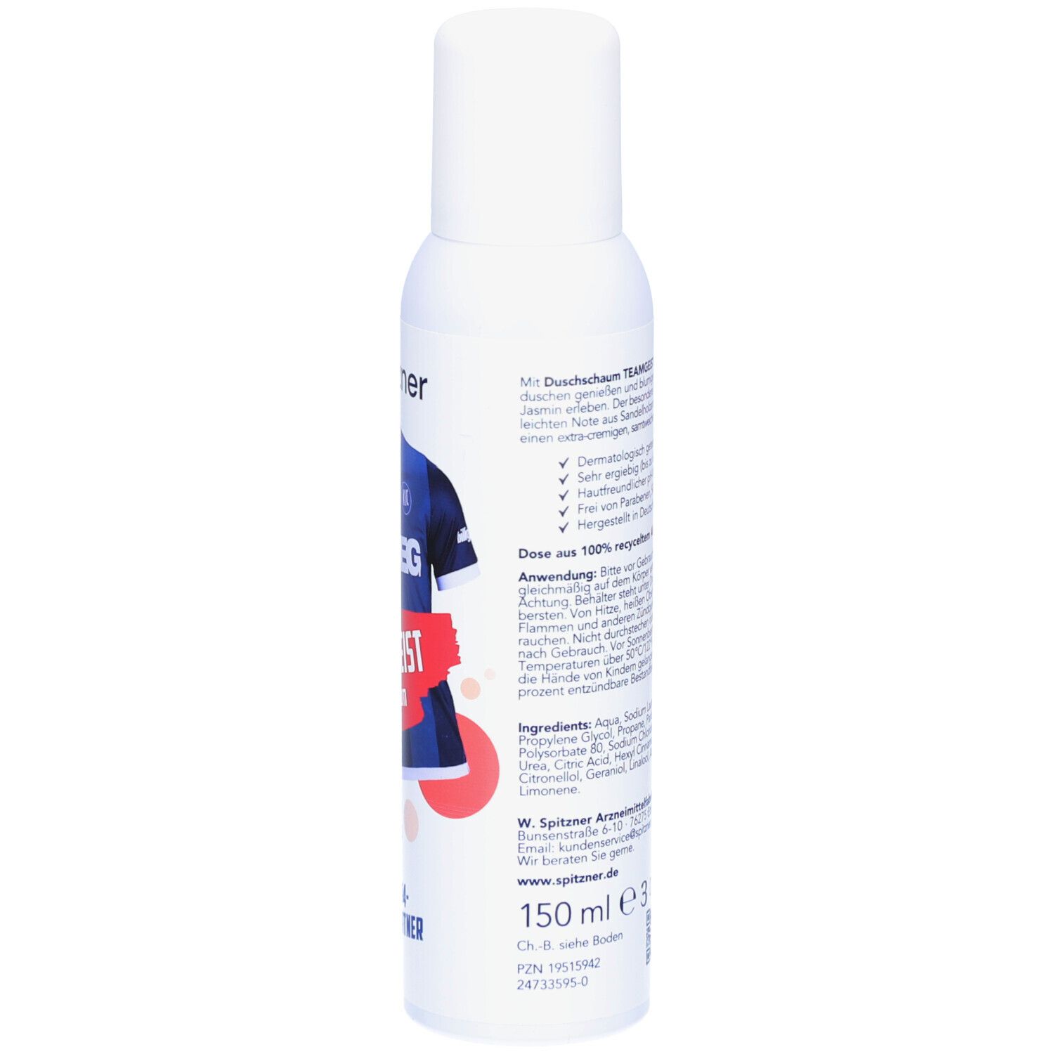 Weiße Sprühflasche mit Text. Aufdruck: Spitzner, Teamgeist, Inhaltsstoffe, Anwendungshinweise. Volumen: 150 ml.
