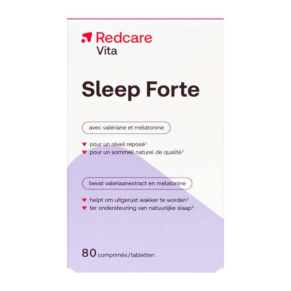 Schachtel mit Redcare Vita Sleep Forte. Aufschrift Sleep Forte, mit Valeriana und Melatonin. 80 Tabletten.