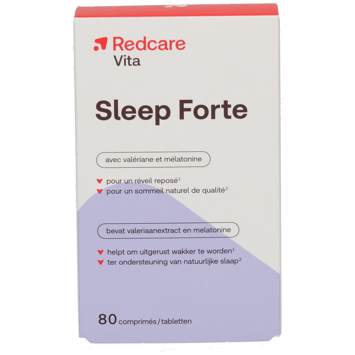 Kartonverpackung von Redcare Vita Sleep Forte. Enthält 80 Tabletten. Aufschrift: Sleep Forte mit Baldrian und Melatonin.
