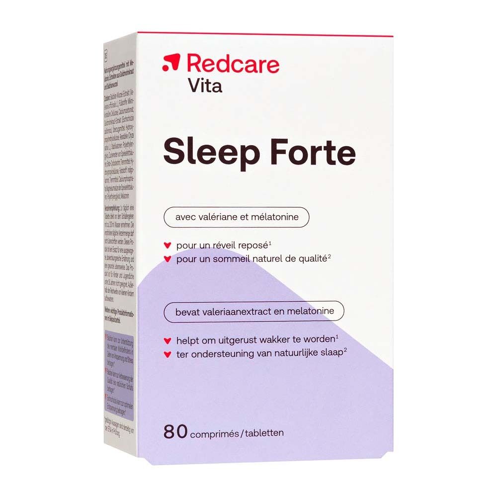 Schachtel mit Redcare Vita Sleep Forte. Aufschrift Sleep Forte, mit Valeriana und Melatonin. 80 Tabletten.