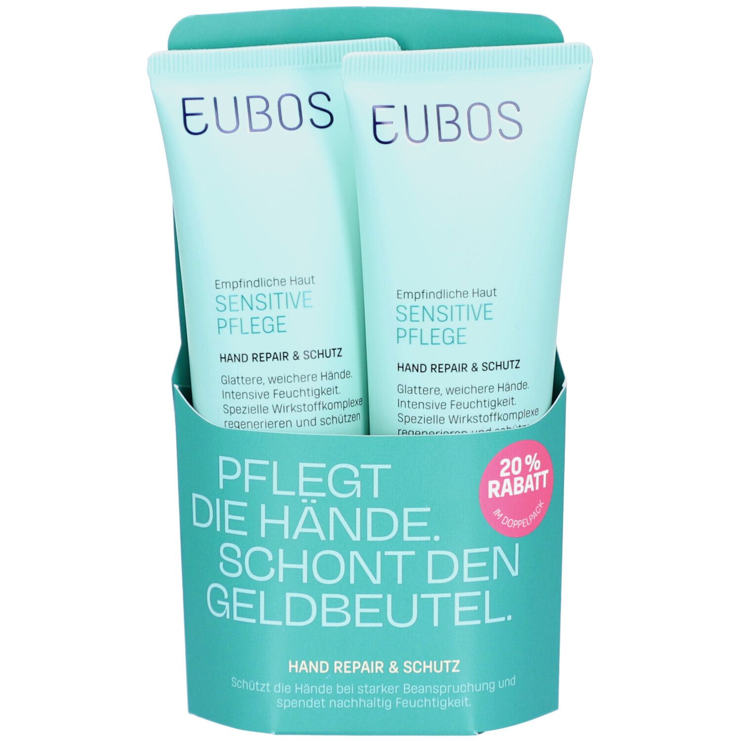 Zwei Tuben Handcreme in Halterung. Aufschrift: EUBOS, Sensitive Pflege, Hand Repair & Schutz. Türkis-weiße Verpackung, 20% Rabatt.