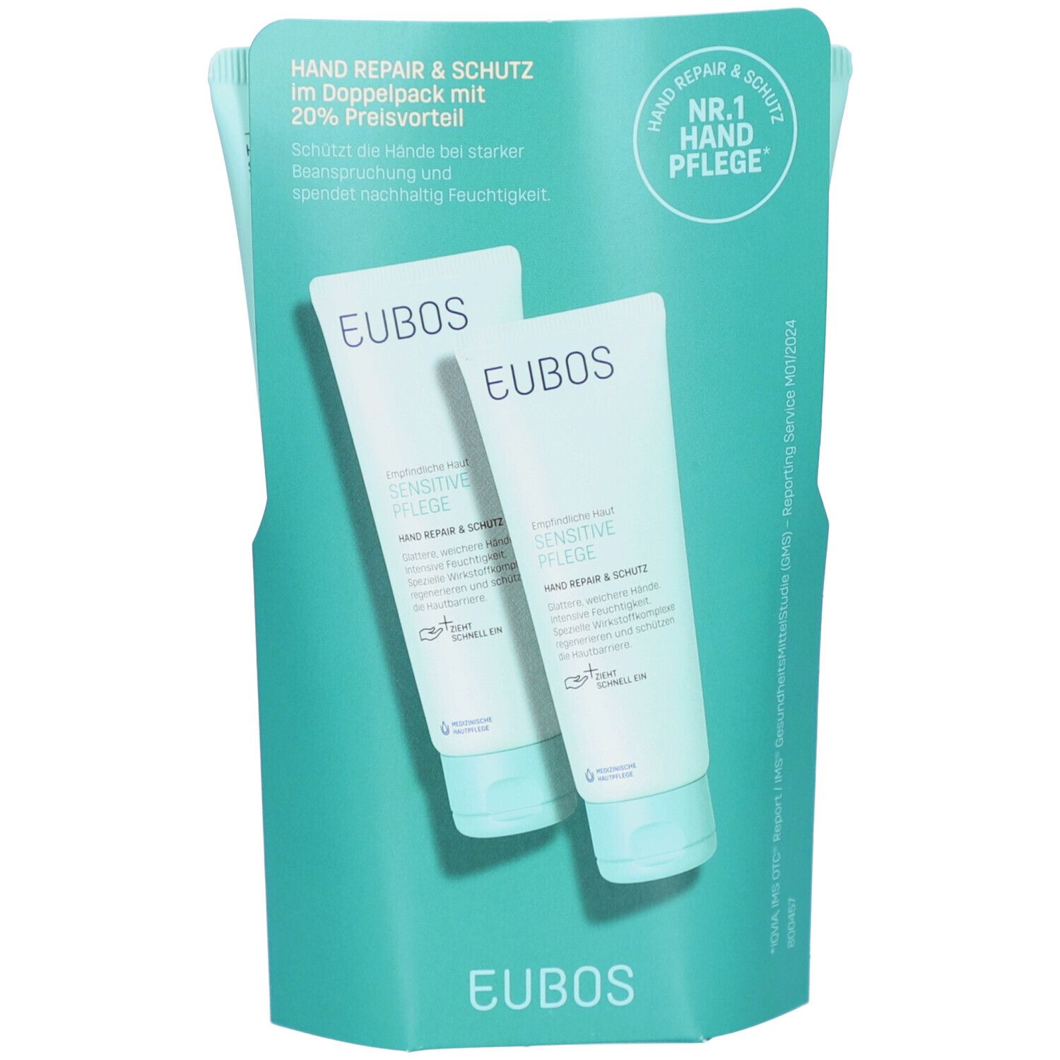Doppelpackung Handcreme. Zwei Tuben. Aufschrift: EUBOS, Sensitive Pflege, Hand Repair & Schutz. Verpackung in Türkis. Auszeichnung: Nr. 1 Handpflege.