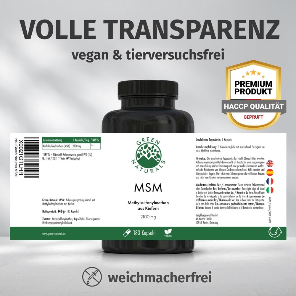 Green Naturals MSM: Dose mit Etikett. Zeigt 'Premium Produkt', 'HACCP Qualität geprüft', 'vegan & tierversuchsfrei'.