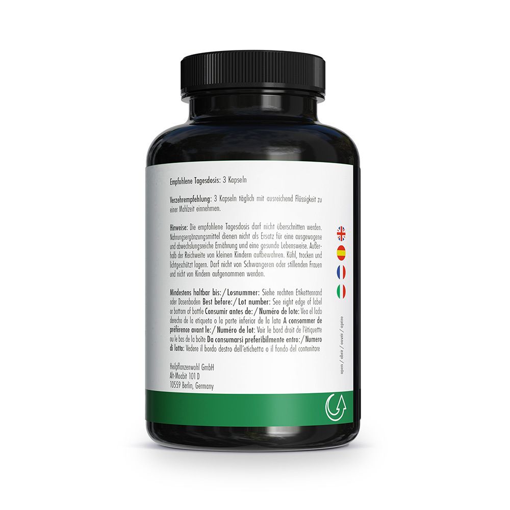 Rückseite der Green Naturals MSM Dose: Enthält Dosierung, Inhaltsstoffe und mehrsprachige Hinweise.