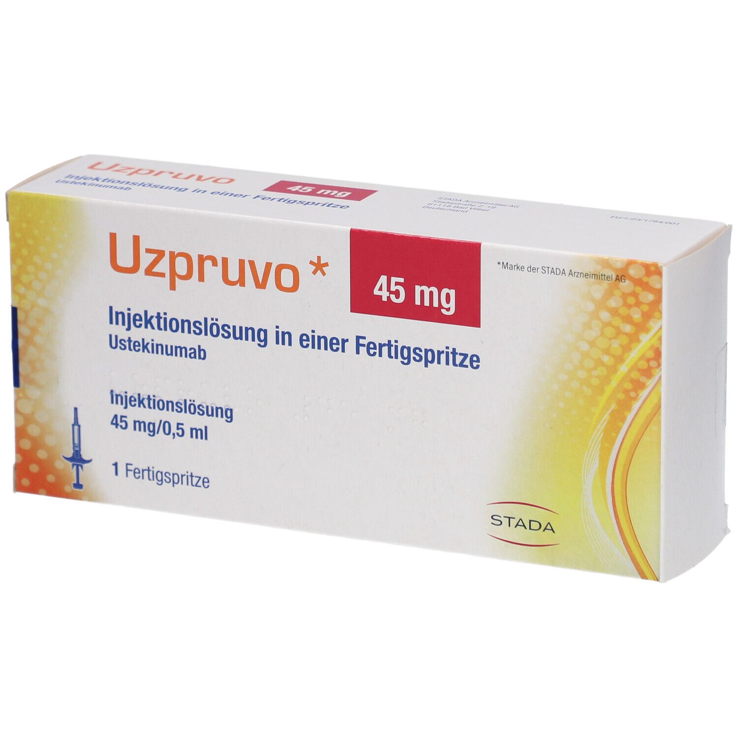 Schachtel mit Aufschrift UZPRUVO 45 mg Injektionslösung. Enthält eine Fertigspritze. STADA-Logo.