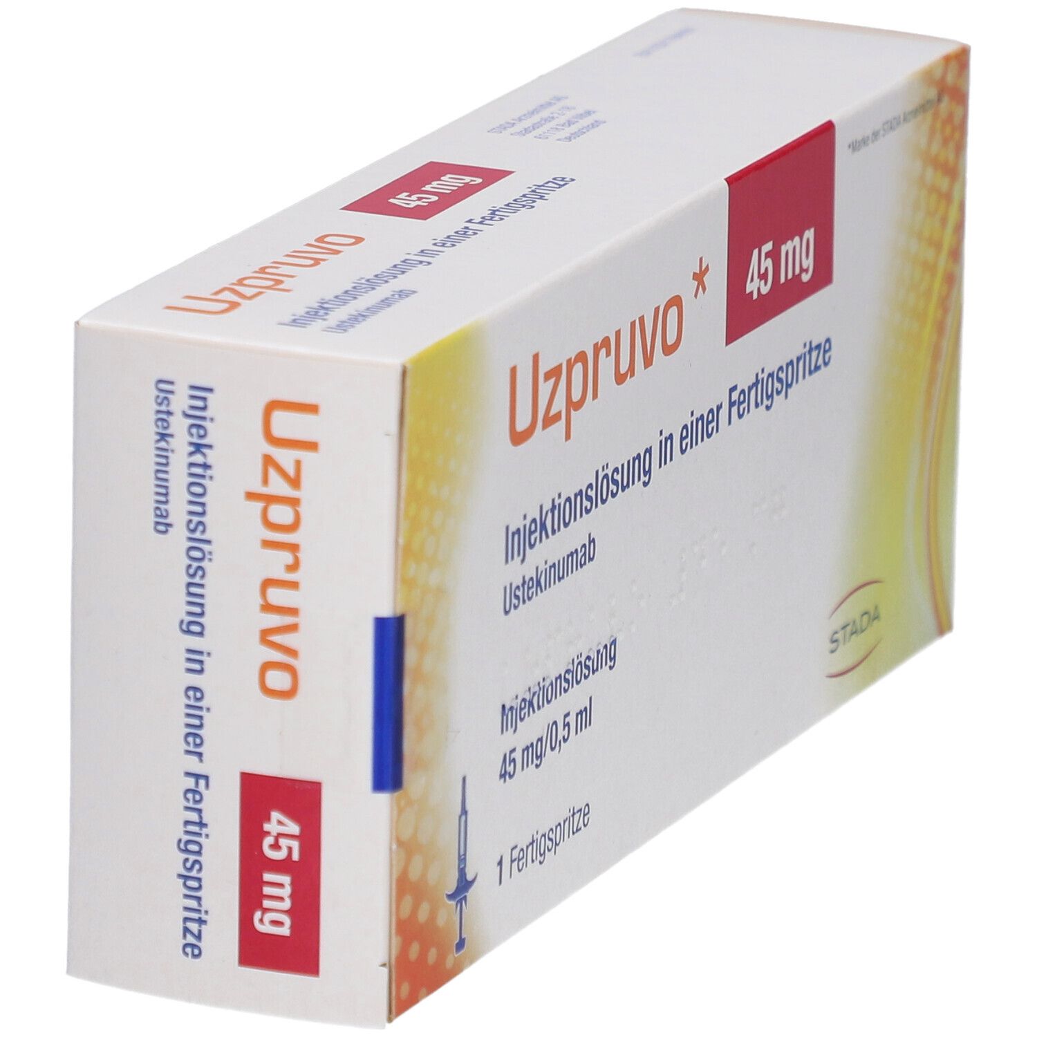 Schachtel UZPRUVO 45 mg Injektionslösung. Fertigspritze. Rote Akzente. STADA-Logo.