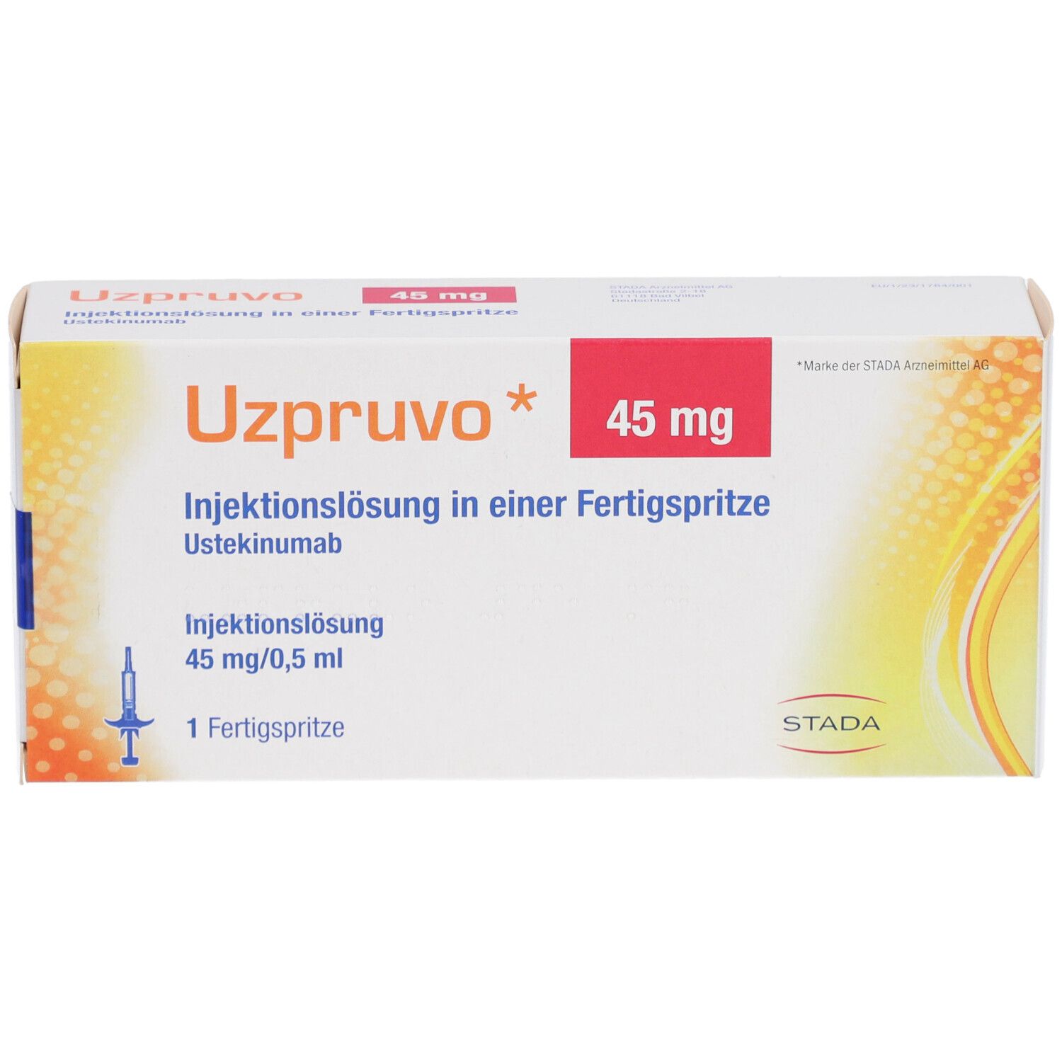 Schachtel UZPRUVO 45 mg Injektionslösung. Fertigspritze. STADA-Logo.