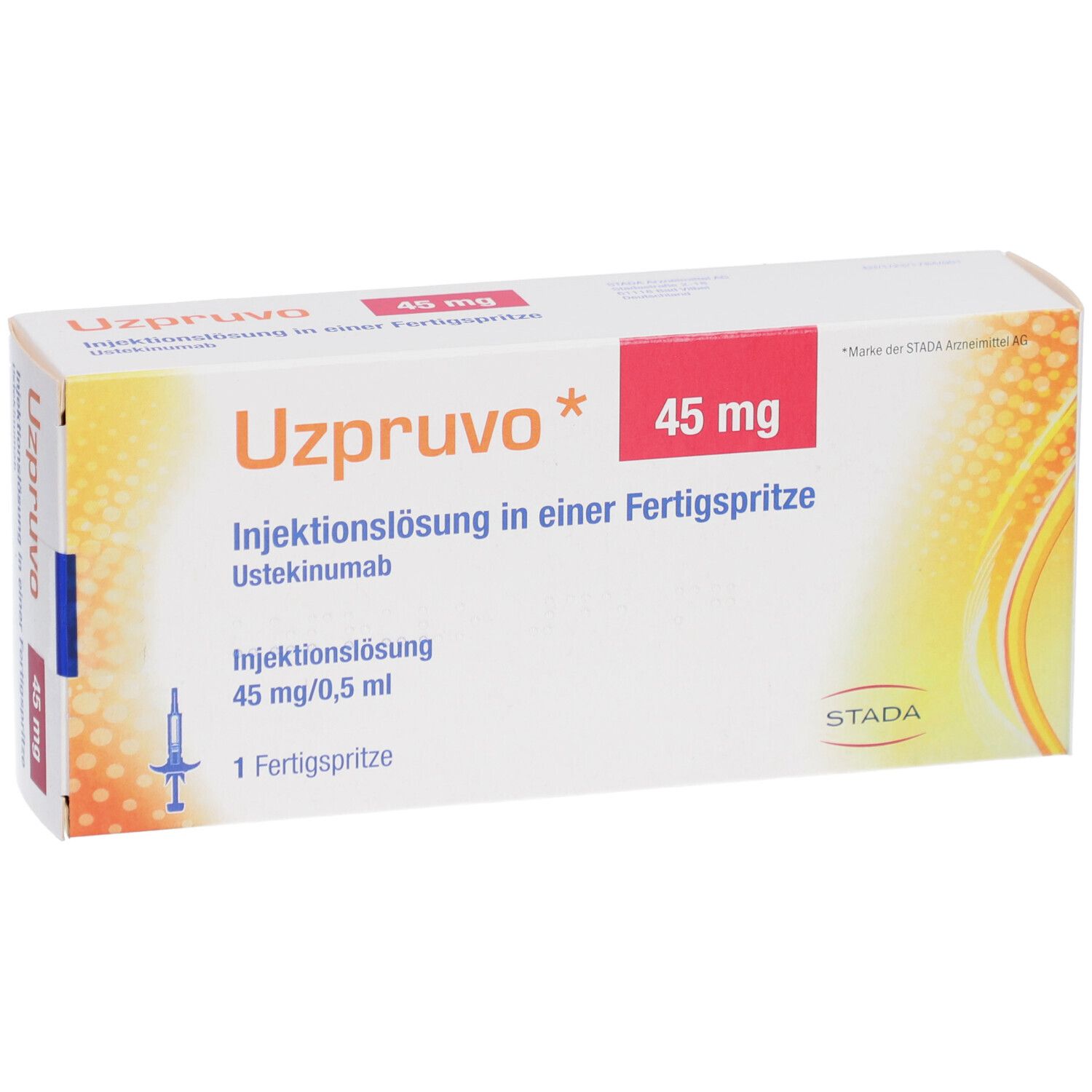 Schachtel UZPRUVO 45 mg Injektionslösung. Fertigspritze. STADA-Logo.