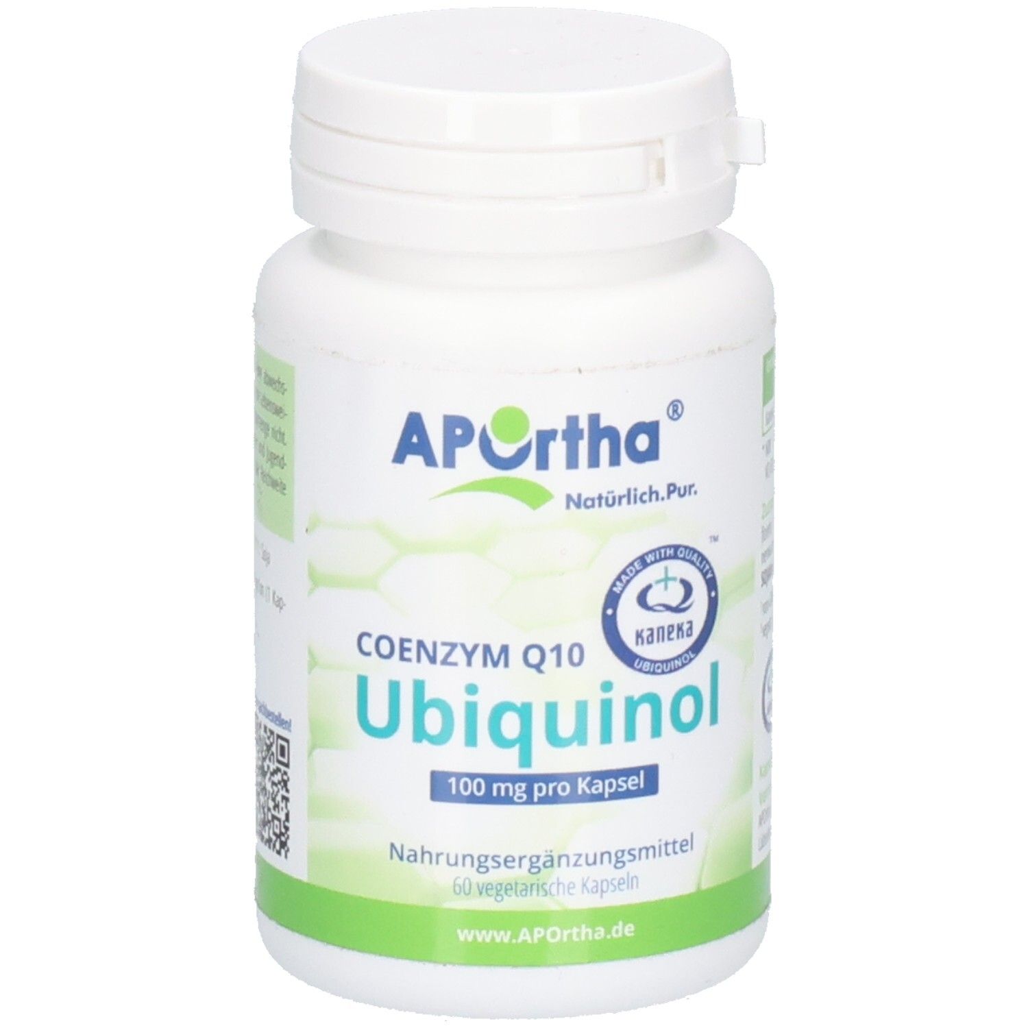 Weiße Flasche mit APOrtha Ubiquinol Kapseln. Aufschrift: 100 mg pro Kapsel, 60 vegetarische Kapseln.